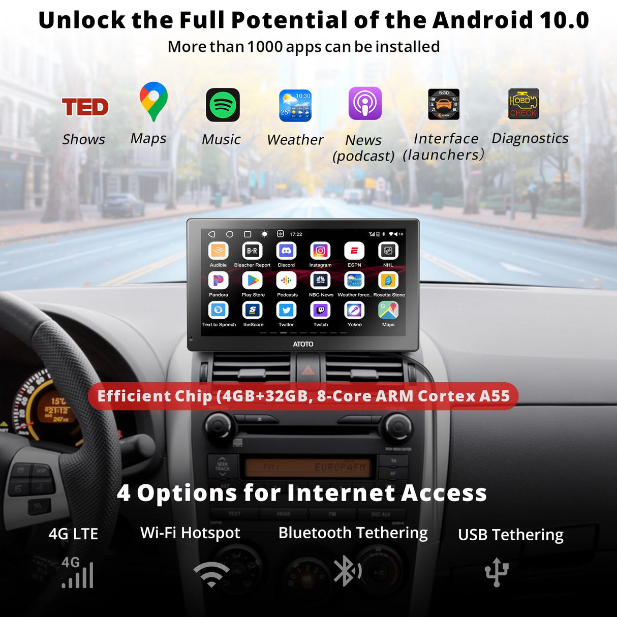 ATOTO 4+32G P9 Android Car Play Screen with 4G LTE WiFi GPS Tracking, 7 Inch Portable Android Auto Car Stereo with QLED Screen Display & Auto-Dimmer, Dual BT USB SWC, P907PR