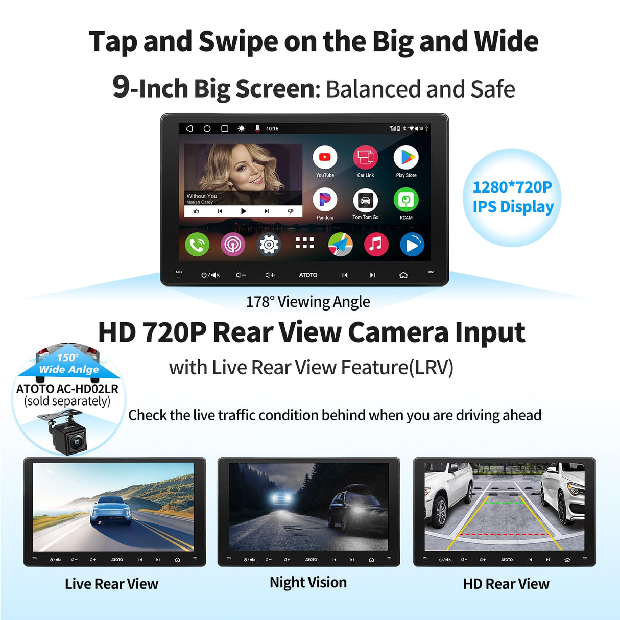ATOTO A6G209PF 9" Android Double Din Car Stereo, Wireless CarPlay & Wireless Android Auto, Mirror Link, GPS Tracking，in-Dash Navigation, Dual Bluetooth, HD LRV, 2G+32G