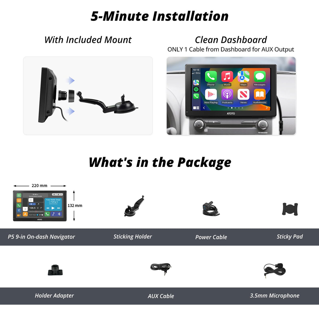 ATOTO P5 9 inch Portable Wireless CarPlay Android Auto Car Stereo, Glare-Suppressing QLED Carplay Screen for Cars, GPS Navigation,Bluetooth, AUX/FM Output, Phone Mirroring, Voice Assistant, P509SD