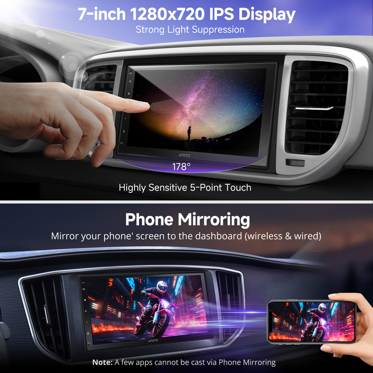 ATOTO A5B7 Double Din Car Stereo 7''Touchscreen Car Stereowith Bluetooth& WiFi,CarPlay & Android Auto,2GB + 32GB TF Card, Built-in GPS Navigation, DSP