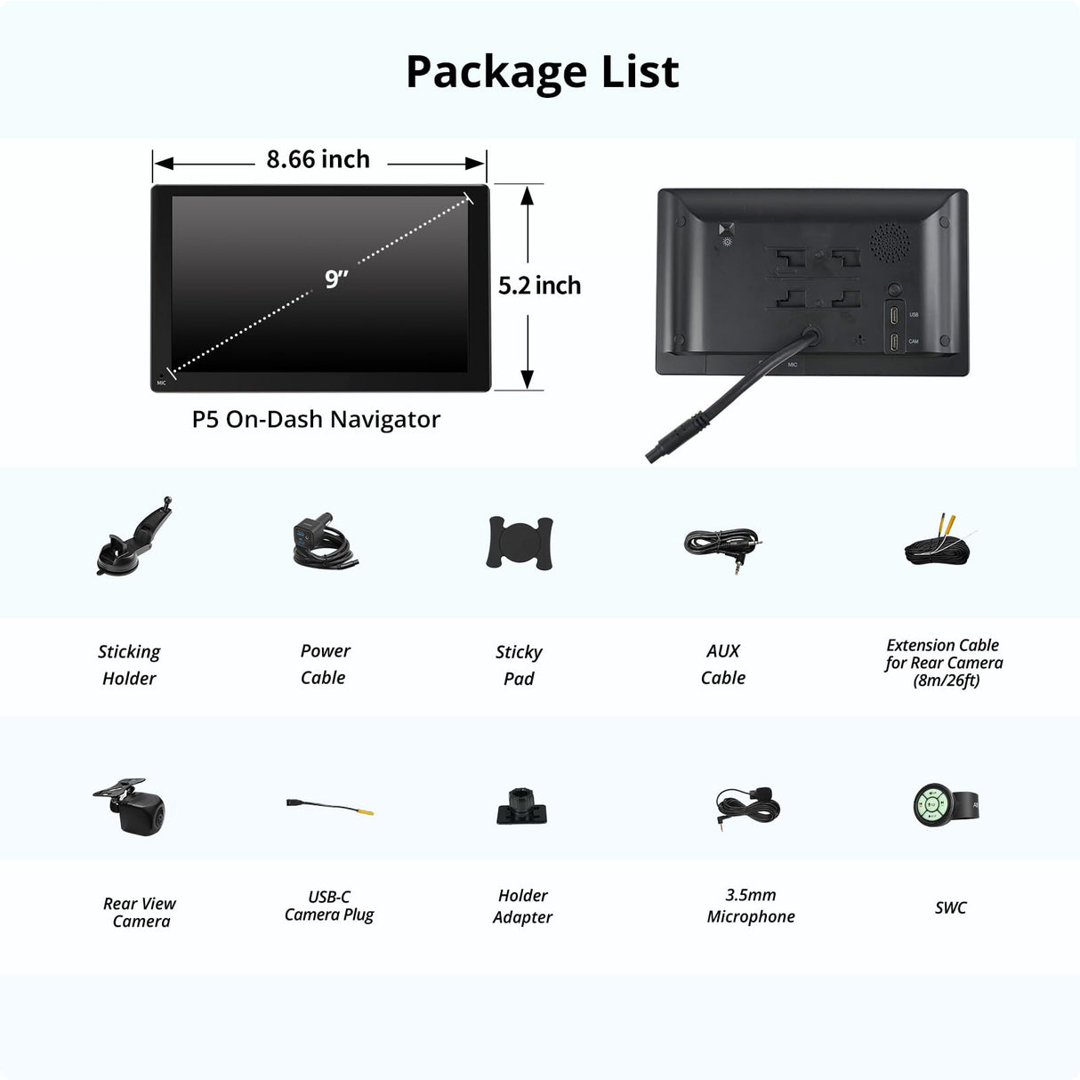 ATOTOEXCEL P5 Autoradio Portatile con CarPlay Senza Fili, Android Auto Senza Fili, 9 Pollici 1028x720 QLED Touchscreen Schermo Per Auto, con telecamera posteriore da 1080P, Mirror Link/FM/AUX