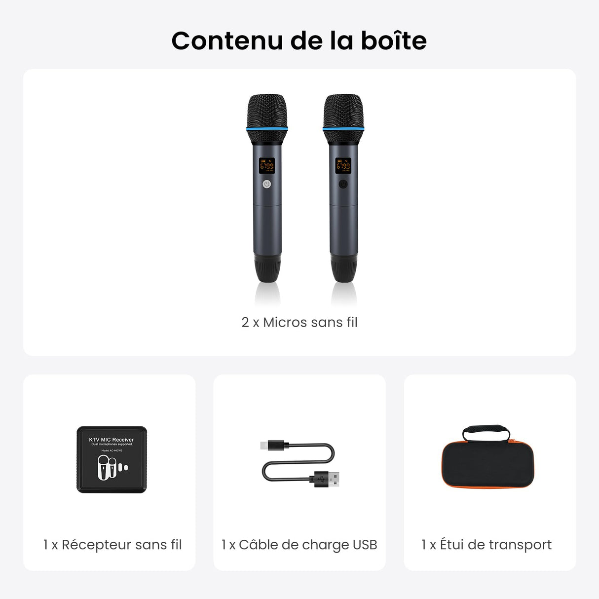 ATOTO AC-MICW2 Kit microphone sans fil – Deux micros karaoké rechargeables avec récepteur, faible latence, portée 15 m, autonomie 6h, compatible avec autoradios série V10