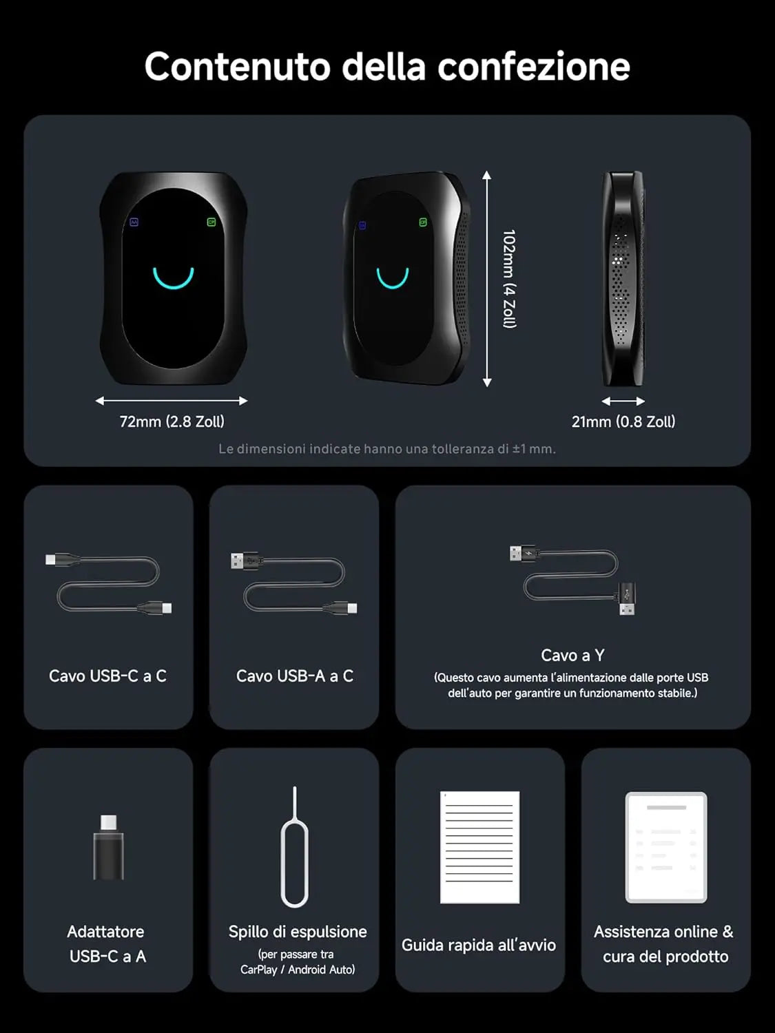 ATOTO CB7SBX Adattatore CarPlay Wireless Android Auto AI Box, HDMI Ingresso/Uscita, Android Completo 8GB+128GB, 4G LTE, Dual Bluetooth, DriveChat, Netflix YouTube TikTok