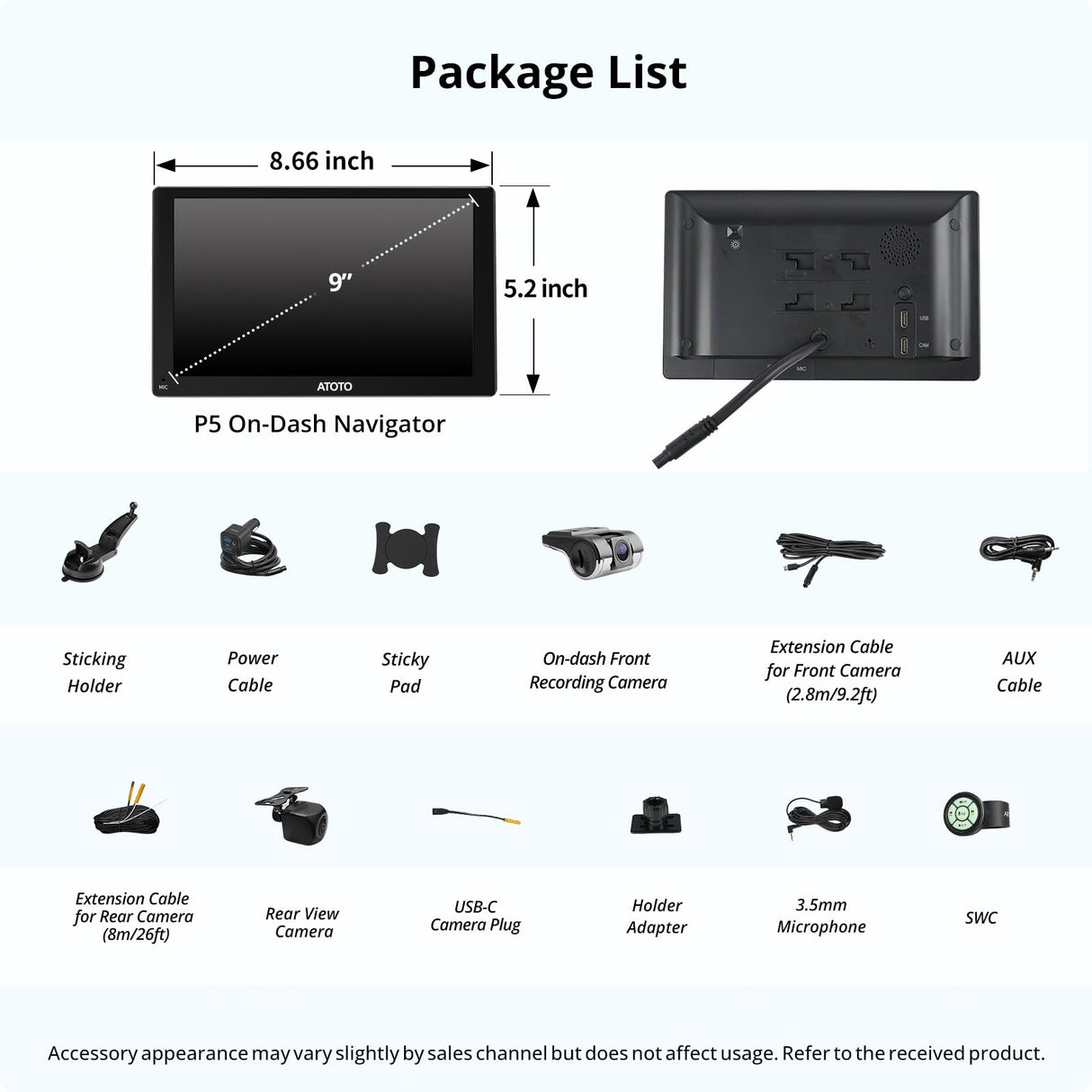 ATOTO P5 9'' Portable Car Stereo,CarPlay & Wireless Android Auto Touch Screen, Dash Cam,1080p Backup Camera,AUX/FM, SWC