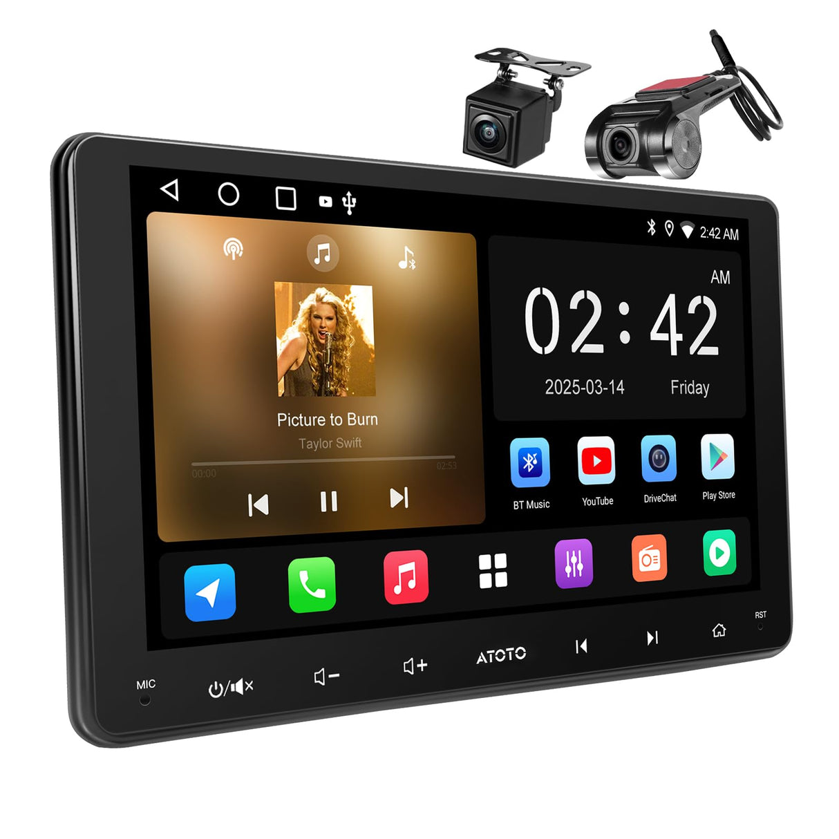 ATOTO A5LG209T 9" Double Din Android Car Stereo with Backup Camera & DVR Dashcam, Wireless Android Auto/CarPlay, GPS Tracking, Drivechat AI, WiFi/Bluetooth/USB, FM/AM/EQ, 2G+32G