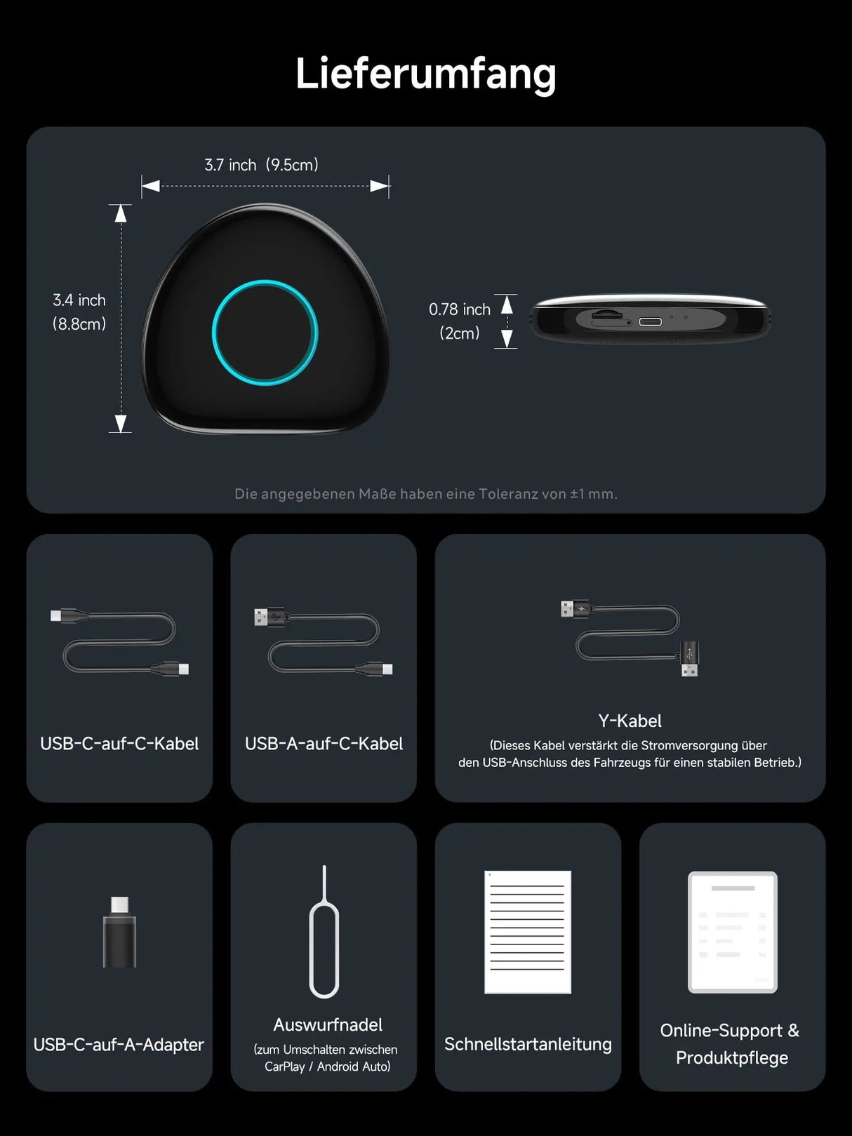 ATOTO CB6 Android Auto Wireless Adapter – CarPlay IA Box, 8GB+128GB Auto-Streaming-Box mit 4G, Dual Bluetooth, USB, integriertem GPS, KI-Assistent, microSD-Erweiterung, OTA