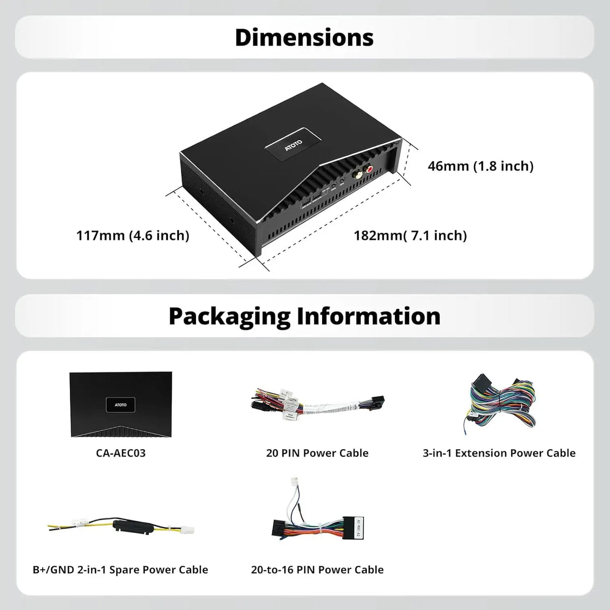 ATOTO CA-AEC03 Amplificatore Auto Compatto Classe D, Dual SPDIF, 4 Canali, RMS 4x55W, Gamma Completa, Stabilità 4–8 Ohm, Compatibile con ATOTO A5/A6/F7/S8/X10 e Sistemi Audio di Serie (Non per S8PN/P5/P8/P9)