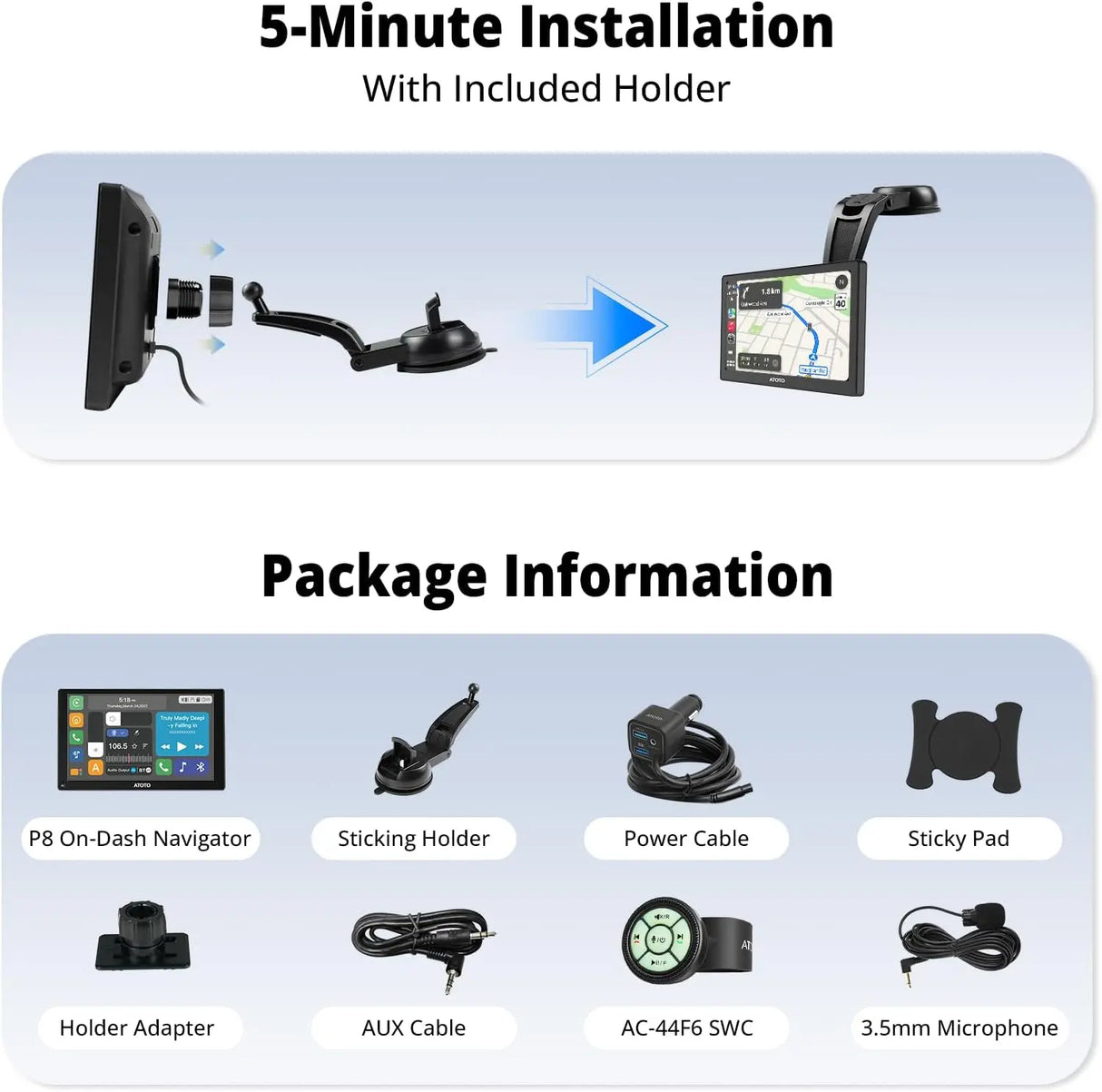 ATOTO P8 Portable Car Stereo, Wireless CarPlay & Wireless Android Auto, 7inch QLED Glare-Suppressing Touchscreen, WDR&Auto Dimmer, Bluetooth, Remote Control, AUX/FM Output, P807SD-RM