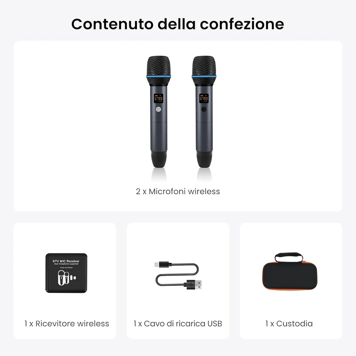 ATOTO AC-MICW2 Kit microfono wireless – Doppio microfono karaoke ricaricabile con ricevitore, bassa latenza, portata 15m, 6h durata, compatibile con autoradio serie V10