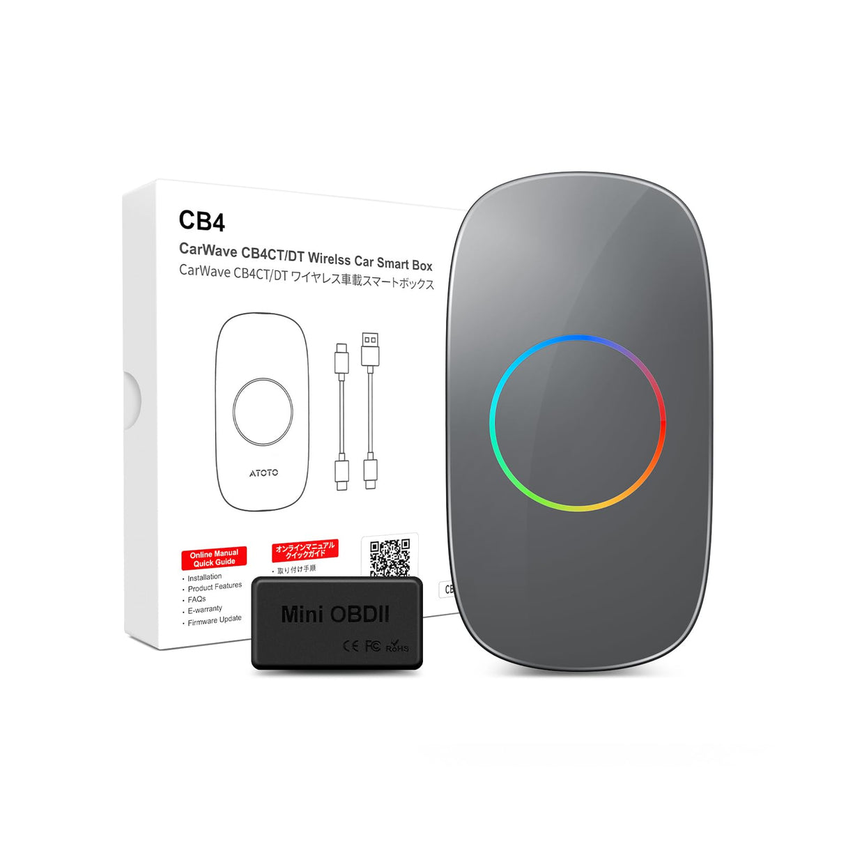ATOTO CB4CT Android Box【AI Box ワイヤレスアダプター】CarPlay・Android Auto対応 2GB+16GB 動画配信対応（YouTube/Hulu/Spotify） 車載マルチメディアボックス デュアルWi-Fi・デュアルBluetooth AIアシスタント HDMI出力 USB対応 プラグ＆プレイ OTAアップデート OBD II搭載 モデル