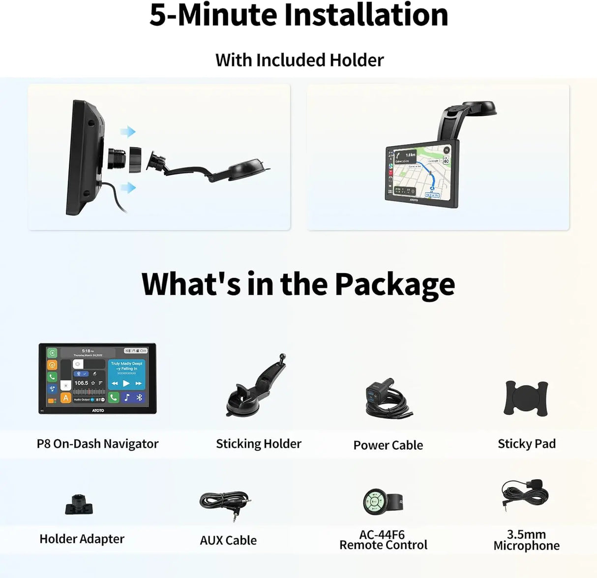 ATOTO P8 GPS Pour Voiture 7" - Android Auto/CarPlay Sans Fil, Double Caméra 1080P, WDR, Variateur Auto, Charge Rapide