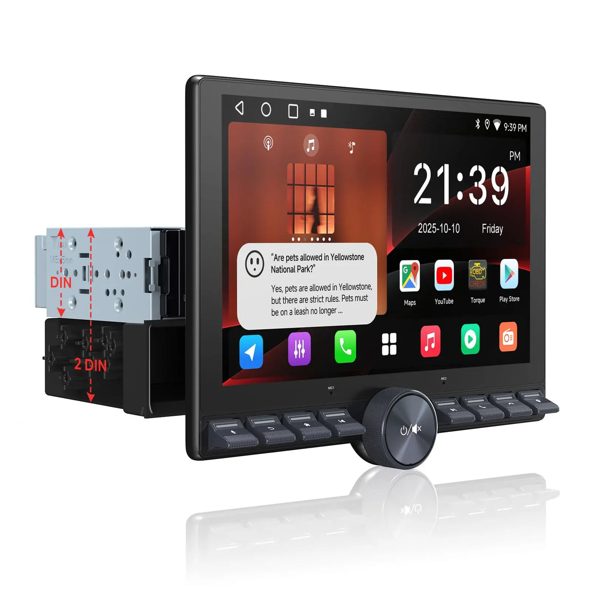 ATOTOOUT Single/Double Din Car Stereo - 10.1" QLED Floating Touchscreen w/Button, Wireless CarPlay/Android Auto, Wi-Fi/BT/USB Tethering, AI/DSP/RCA/GPS/Dual-HDMI, Spilt-Screen/MirrorLink,2GB+32GB