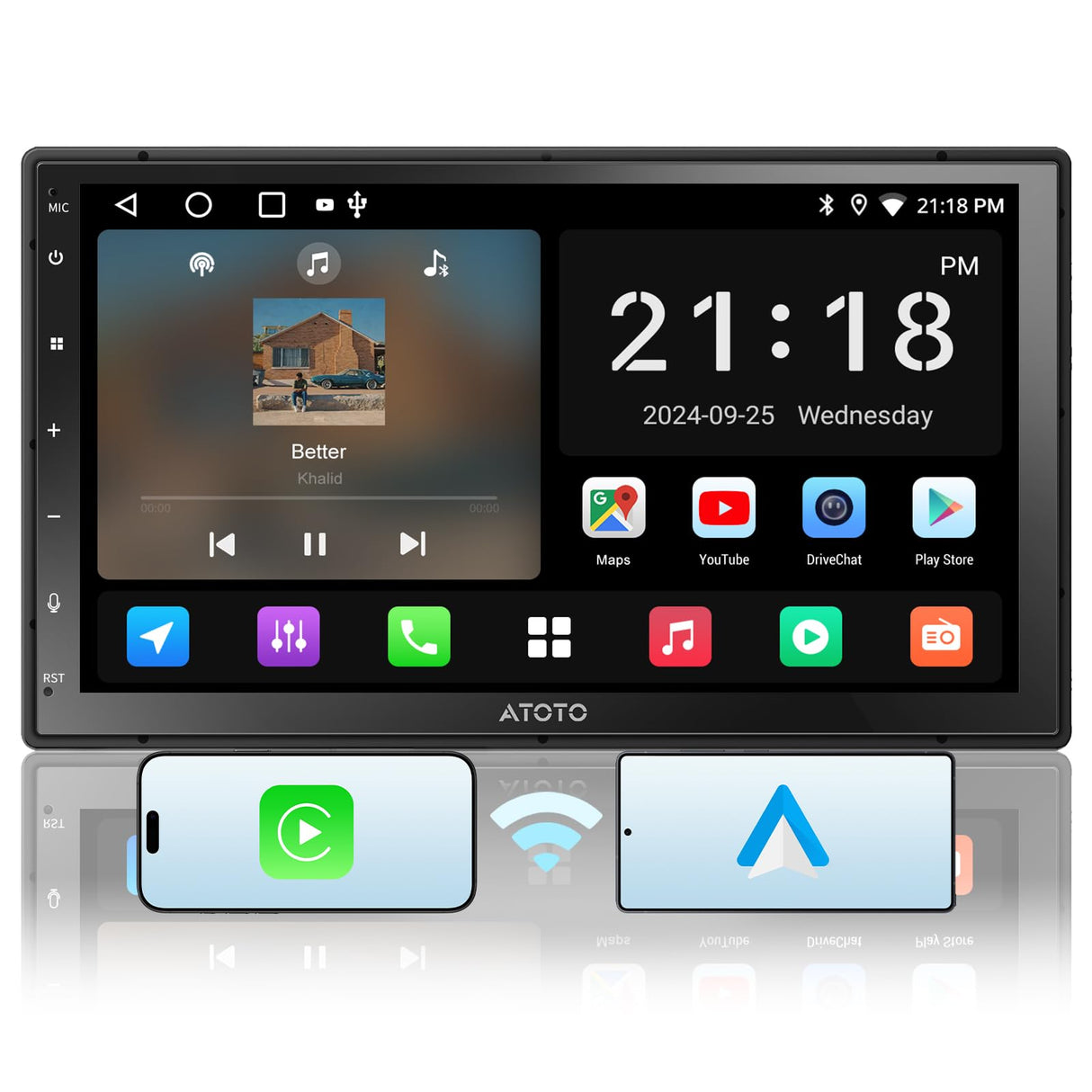 ATOTOZONE 7" Autoradio 2 Din Android, CarPlay&Android Auto Wireless, Wi-Fi/BT/USB, Stereo Auto Bluetooth con Schermo, GPS Navi, MirrorLink, FM/AM/RDS, 24 EQ&DSP, HD LRV, A5LG2B7T