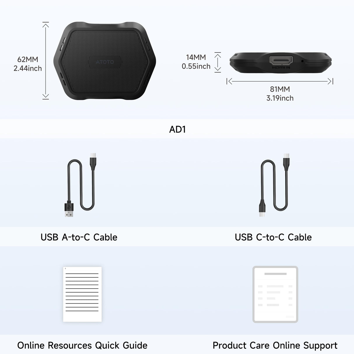 ATOTO AD1 ワイヤレスCarPlayボックスアダプター HDMI入力対応 2in1ドングル 有線CarPlay対応 プラグ＆プレイ マルチメディアハブ TV/ゲーム機/DVD/ブルーレイ Bluetooth 5.2 OTA ブラック