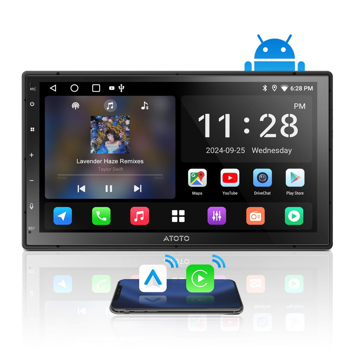 ATOTOZONE A5L Autoradio Android 2 Din 7", Unità principale con CarPlay e Android Auto senza fili, Ricevitore audio per auto con touchscreen, 2+32G, MirrorLink, EQ-24 bande, Tethering de WiFi/BT, FM/AM