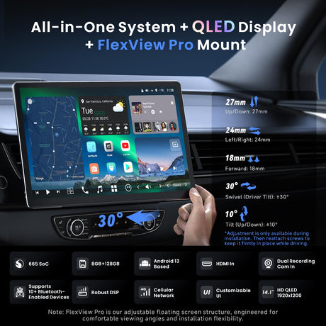 14.1" QLED Single Din & Double Din Adaptive AI Android Car Stereo, 8G+128G, Flexview Display, 7.1.2 Surround Audio, 4G LTE, Dual-Band WiFi, 36B-EQ, Wireless CP & AA,ADS Protocol Compatible, X10G141E
