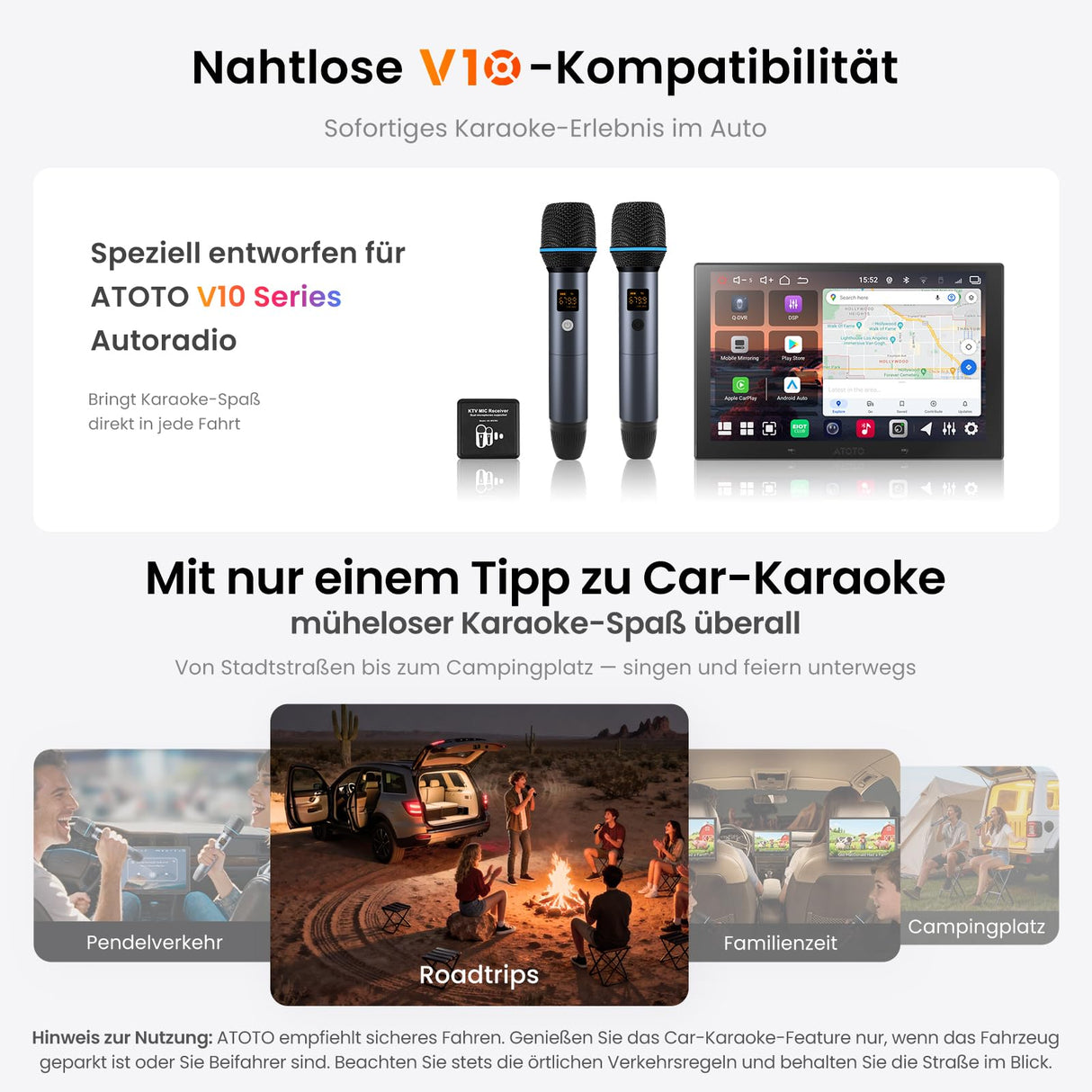 ATOTOEXCEL Drahtloses Mikrofon-Set, Zwei wiederaufladbare Handmikrofone mit Empfänger, 15m Reichweite, 6h Betrieb, Kompatibel mit V10-Serie Autoradios für Karaoke-Partys