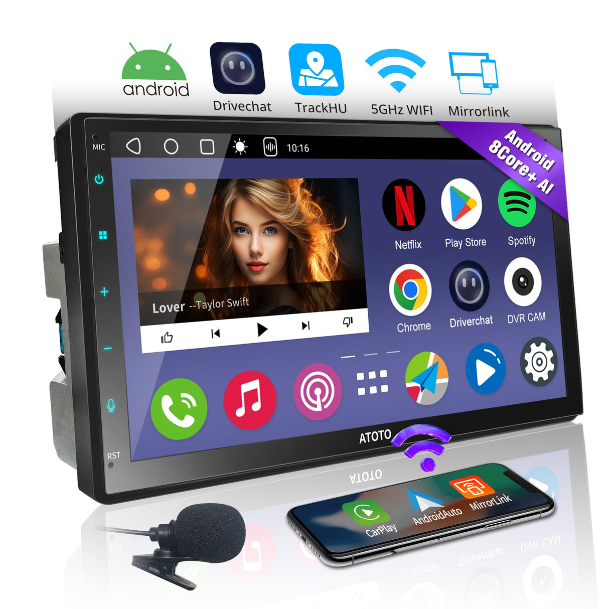 Radio de coche 2 Din Android con pantalla – ATOTOEXCEL 8 Core Fully Laminado Screen QLED TouchScreen Bluetooth con Mic, Android Auto Wireless & Carplay, Control de voz, Navi GPS, A6C7PF (Android+Mic)