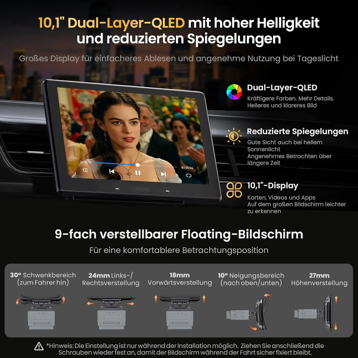 ATOTO V10G110OC 10,1 Zoll Android Autoradio 1DIN & 2DIN, 6GB+128GB, Wireless CarPlay & Android Auto, 4G LTE/WiFi, GPS Navi, Bluetooth 5.4 aptX HD, DSP 32B-EQ, 4-Kanal-DVR, Karaoke im Auto, AI-Assistent