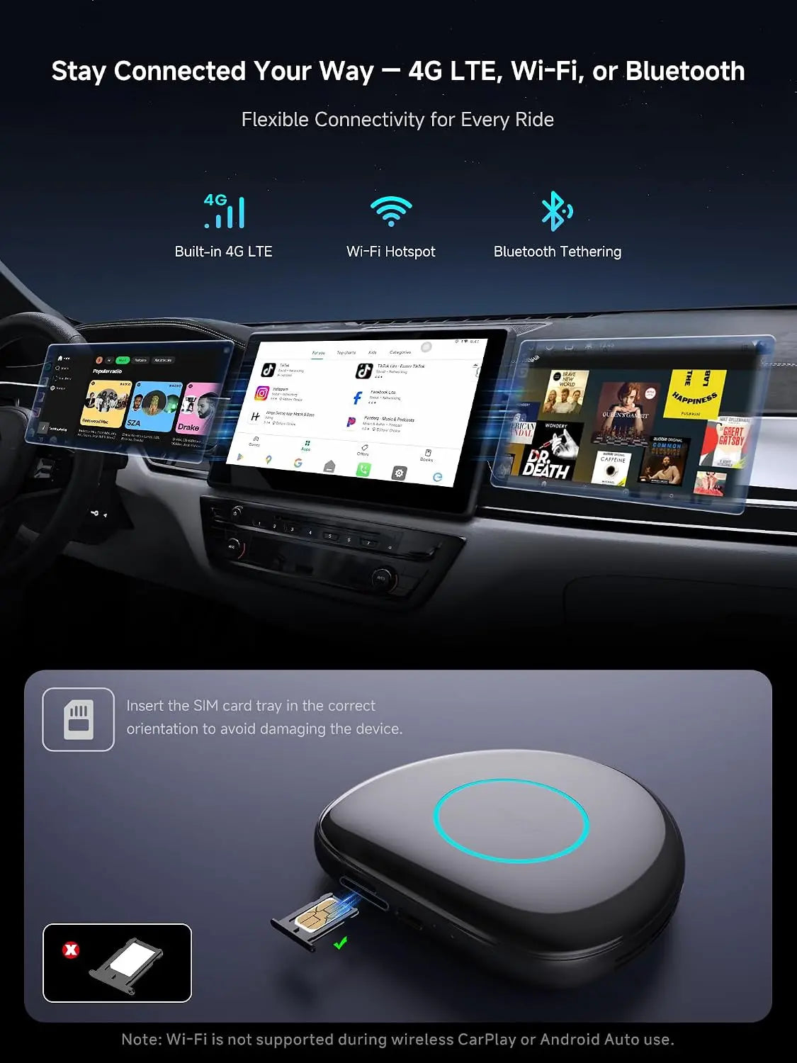 ATOTO CB6C CarPlay AI Box Adapter, Android Multimedia Magic Box with Built-in 4G LTE SIM Slot, Wireless CarPlay & Android Auto, Watch YouTube/Netflix/Disney+, 4GB+64GB, 8-Core, DriveChat AI, TF Card Support - Converts Wired to Wireless