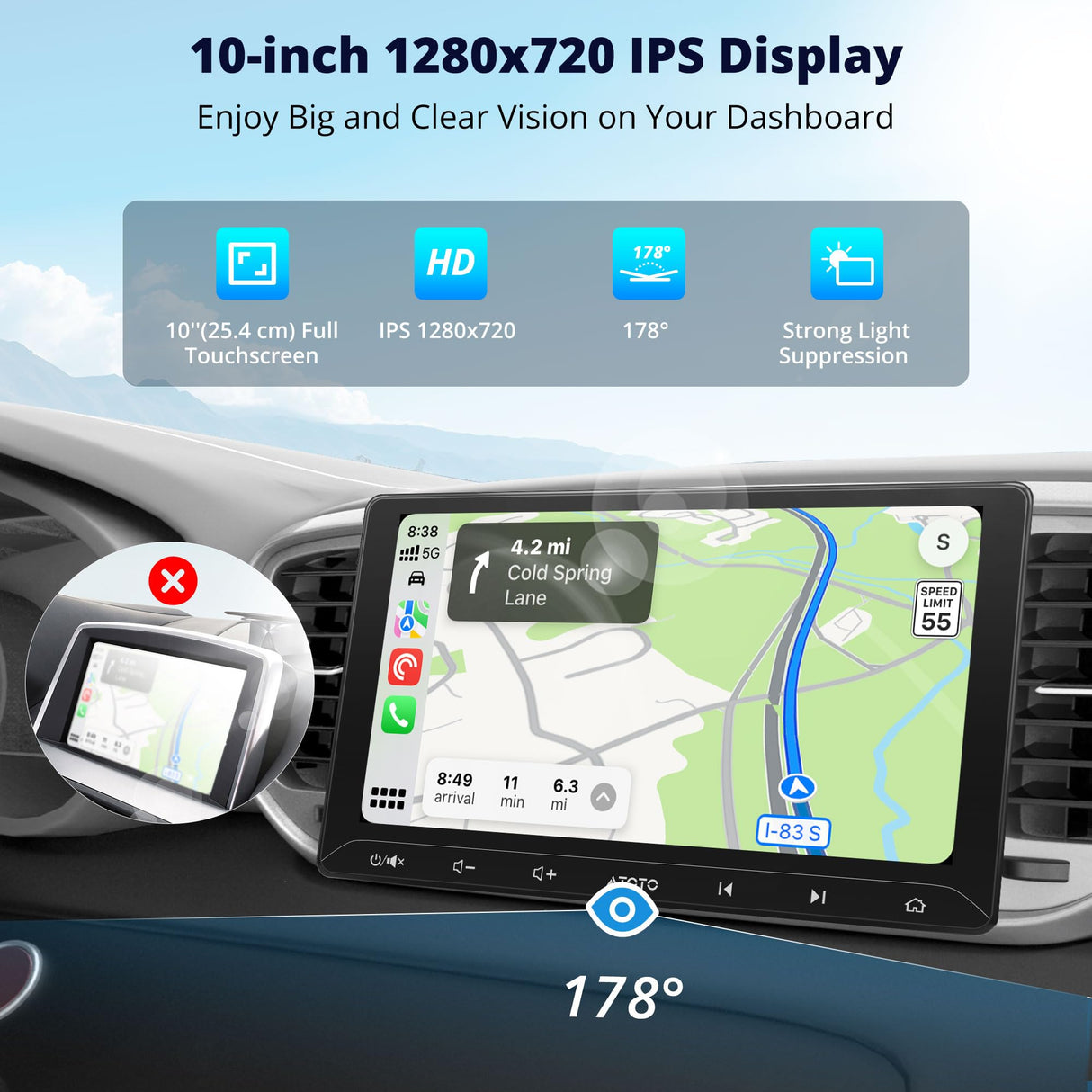 ATOTOLIFE A5L 10inch 2G+32G Android Double Din Car Stereo with Backup Camera, Wireless CarPlay & Android Auto in-Dash Navigation, WiFi/Bluetooth/USB Tethering, DSP/FM/AM, MirrorLink, AI Dialogue