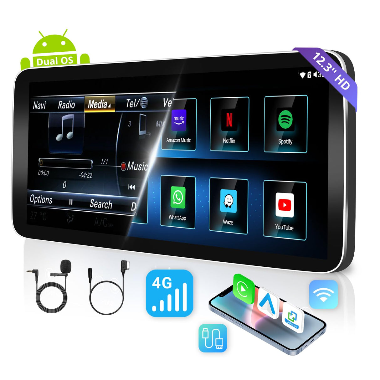ATOTO 12,3 インチ オートラジオ Bluetooth CarPlay e Android Auto ディスプレイ、Mercedes Benz E W212 NTG4.5/4.7 Radio 2014 と互換性あり、Mantiene Tutte le Funzionalità Originali、Navigatore Auto、AI、2 BT、4G LTE