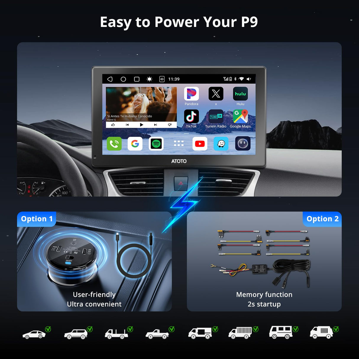 ATOTO P9 9" Portable Touchscreen Car Stereo with Bluetooth Wi-Fi, MirrorLink, Multimedia Audio Player with GPS Tracking