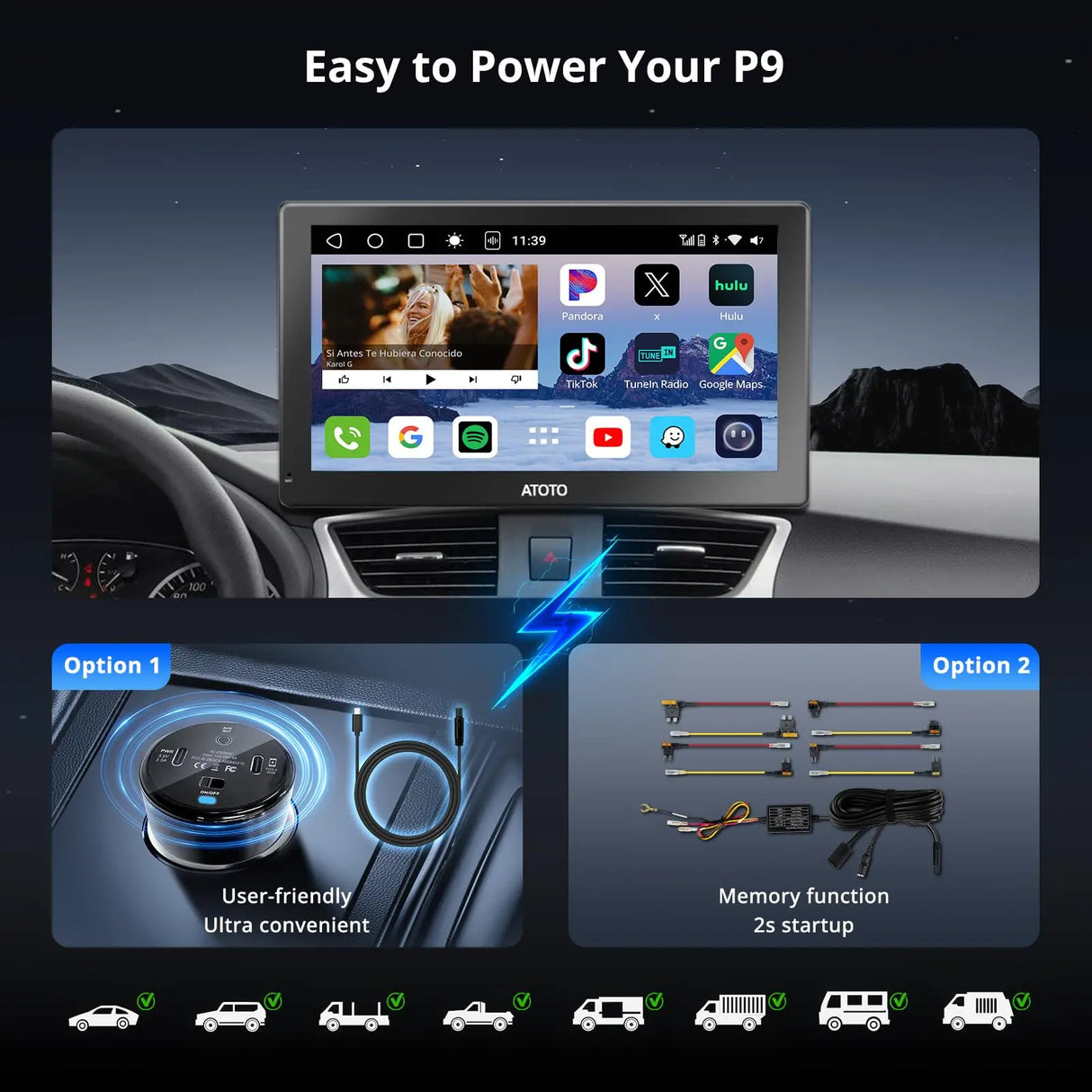 ATOTO 9" Portable Car Stereo with Bluetooth, Wi-Fi, Wireless CarPlay & Android Auto, MirrorLink, GPS Tracking, Multimedia Audio Player