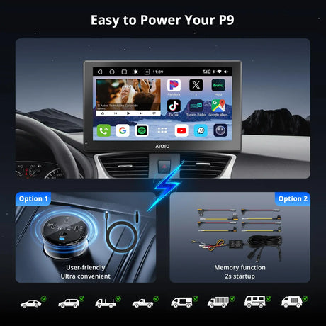 ATOTO 9" Portable Car Stereo with Bluetooth, Wi-Fi, Wireless CarPlay & Android Auto, MirrorLink, GPS Tracking, Multimedia Audio Player