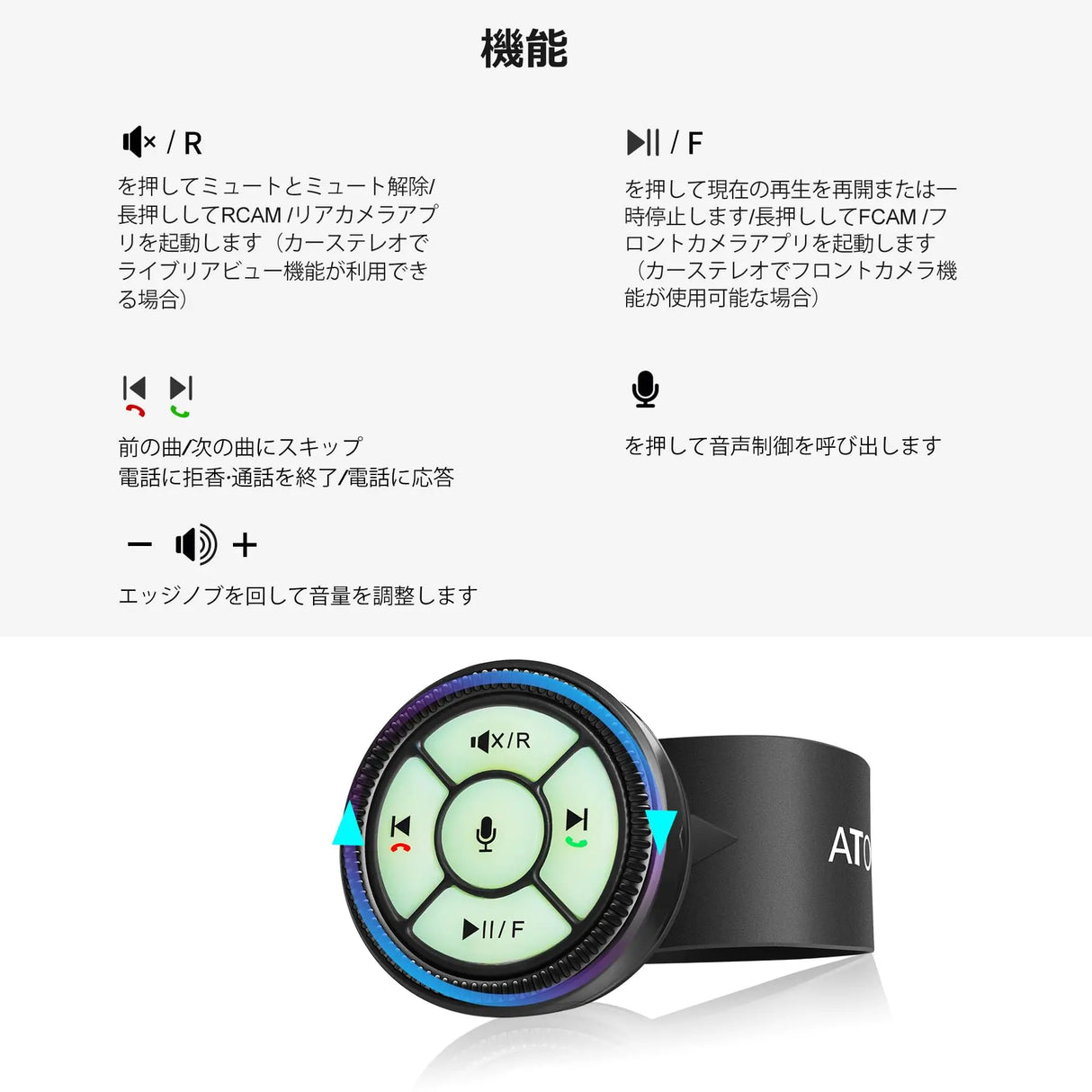 ATOTO AC-44F5時計バンドスタイルのルミナスボタン付きワイヤレスリモコン、プラグアンドプレイ-ATOTOカーステレオ（F7、S8、X10）のみ。 ATOTO A6/A5/S8Lite/MS/UN/PNバージョンとの互換性はありません