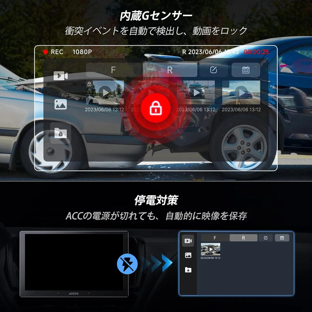ATOTO AC-FHD02LR バックカメラ 1080P、強光抑制、WDR、GPSトラック再生、140度広角、IP67防水、ナイトビジョン、ループ録画、LRV、X10シリーズ
