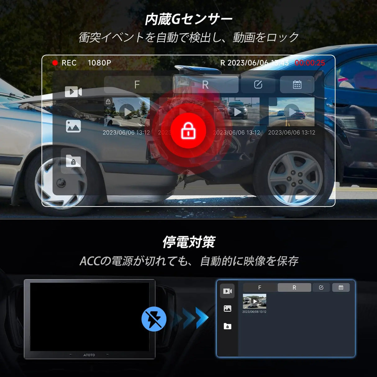 ATOTO AC-FHD02LR バックカメラ 1080P、強光抑制、WDR、GPSトラック再生、140度広角、IP67防水、ナイトビジョン、ループ録画、LRV、X10シリーズ