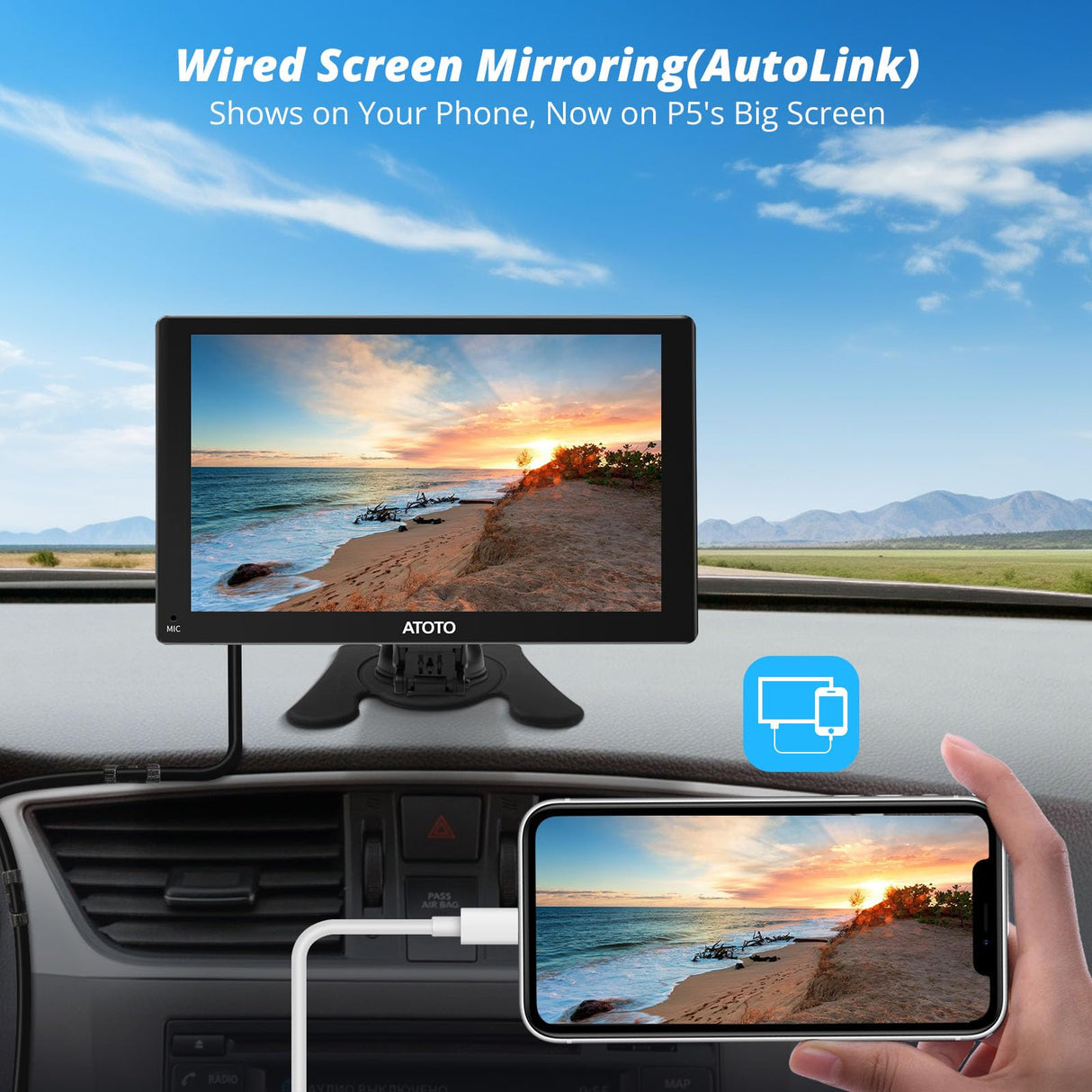 ATOTO P5 Tragbares Autoradio 7-Zoll QLED Blendfreies Touchscreen, Wireless CarPlay/Android Auto, Automatische Dimmung, PhoneLink, Bluetooth, AUX/FM-Ausgang, 4 Audioausgänge, GPS Navi, P507SD-S01 