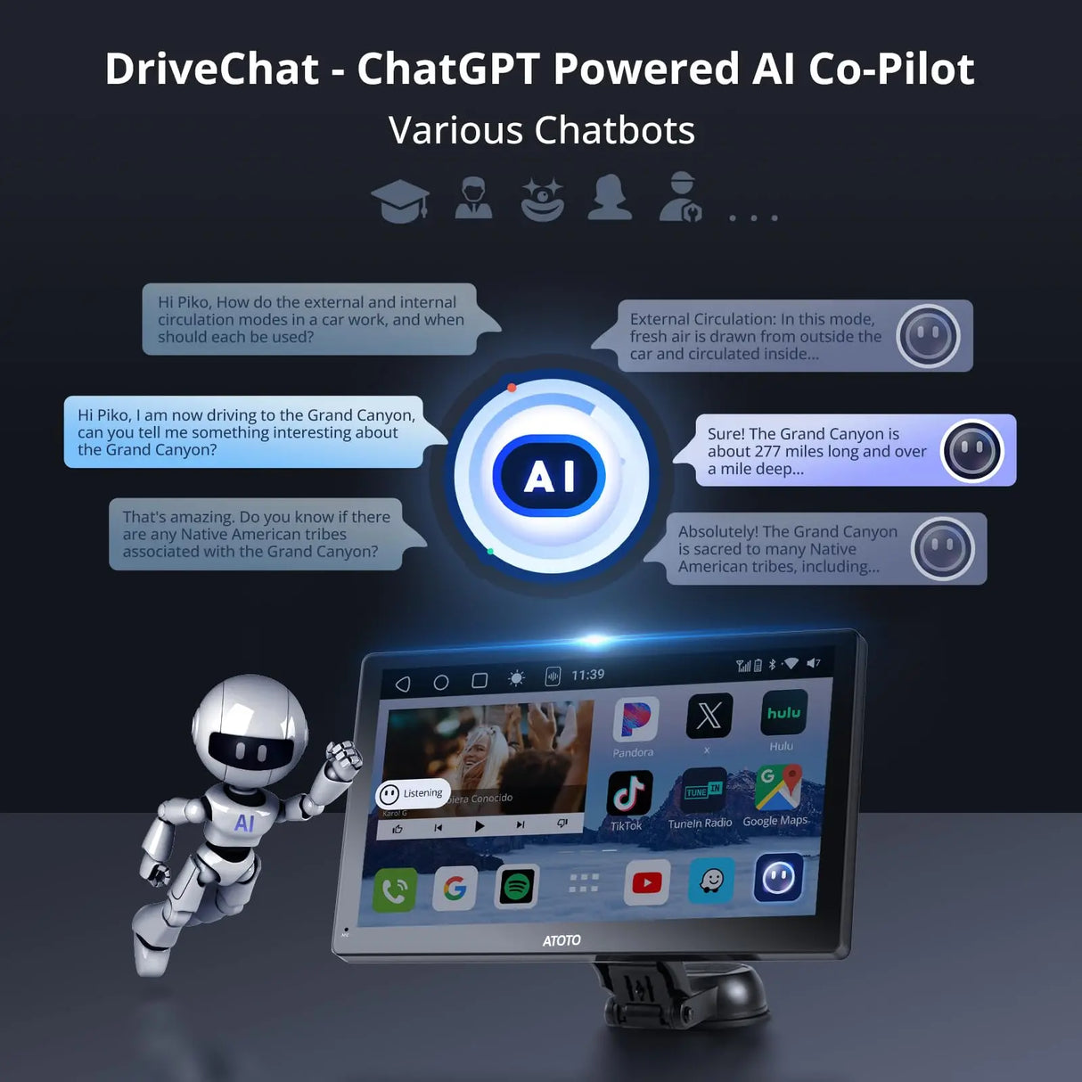 ATOTO 9" Portable Car Stereo with Bluetooth, Wi-Fi, Wireless CarPlay & Android Auto, MirrorLink, GPS Tracking, Multimedia Audio Player