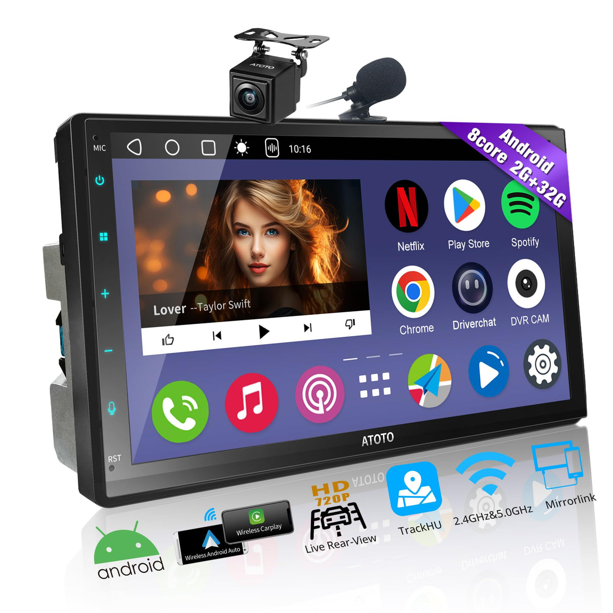 Autoradio Android Double DIN à écran HD laminé, caméra de recul, ATOTOEXCEL 8cœurs 2Go+32Go, CarPlay/Android Auto sans Fil & Bluetooth Double, GPS WiFi/BT/USB Tethering,A6C7PF