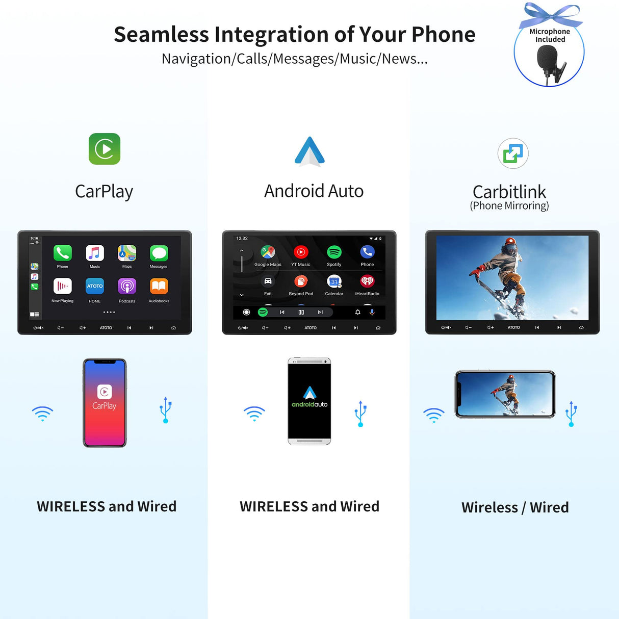 ATOTO A6 9 pollici Autoradio 2 din Compatibile con Skoda VW Volkswagen Golf Jetta Touran, Senza Fili CarPlay e Android Auto, Doppio Bluetooth, Wi-Fi/BT/USB Collegamento, HD LRV, 2G+32GB, A6VW09PF