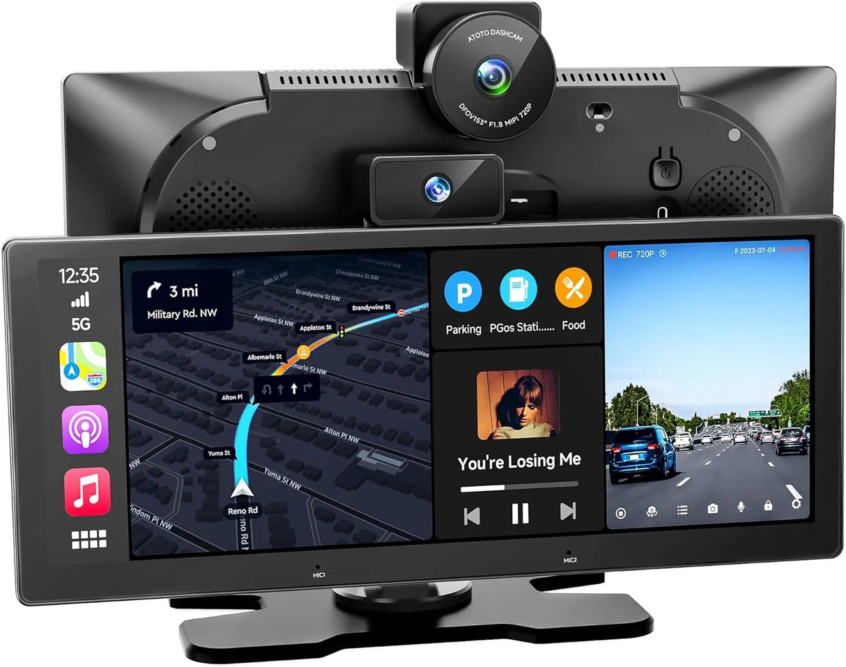 ATOTO P625S1N 10.25" Portable CarPlay Screen – Wireless CarPlay & Android Auto Car Stereo with Front & Cabin DVR Cameras, G-Sensor, WiFi/USB Tethering, Bluetooth, MirrorLink, GPS