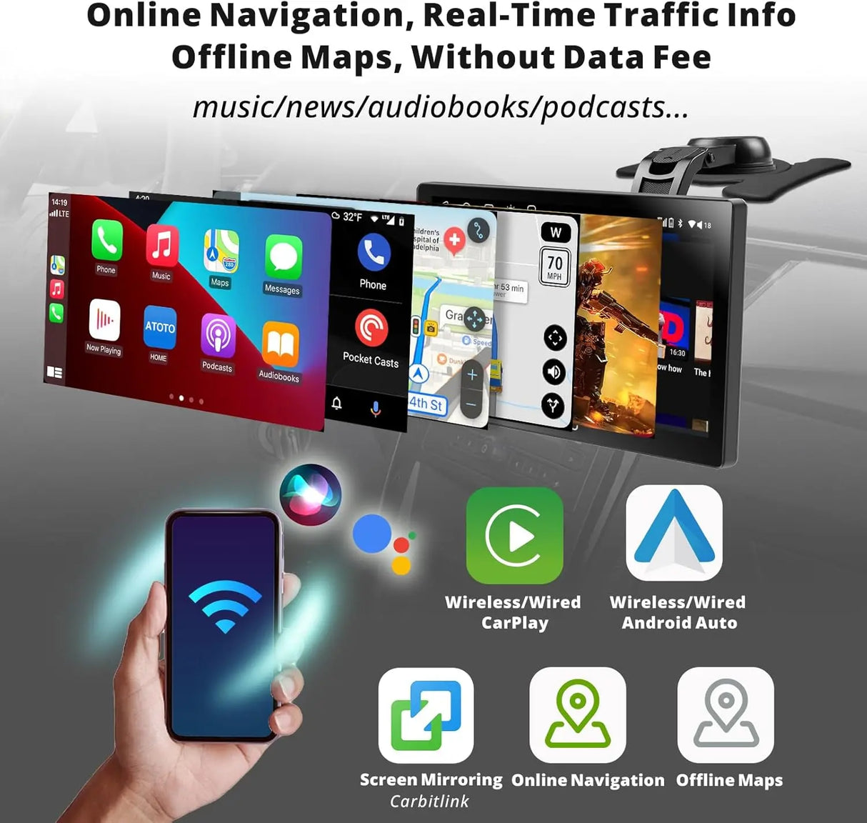 ATOTO 9" Portable Car Stereo with 1080P Dash & Rear Cameras, Wireless CarPlay & Android Auto, QLED Display, 4G LTE, Wi-Fi, ChatGPT, 4+32G, FM/AM Radio, Dual Bluetooth, GPS, HDMI Input