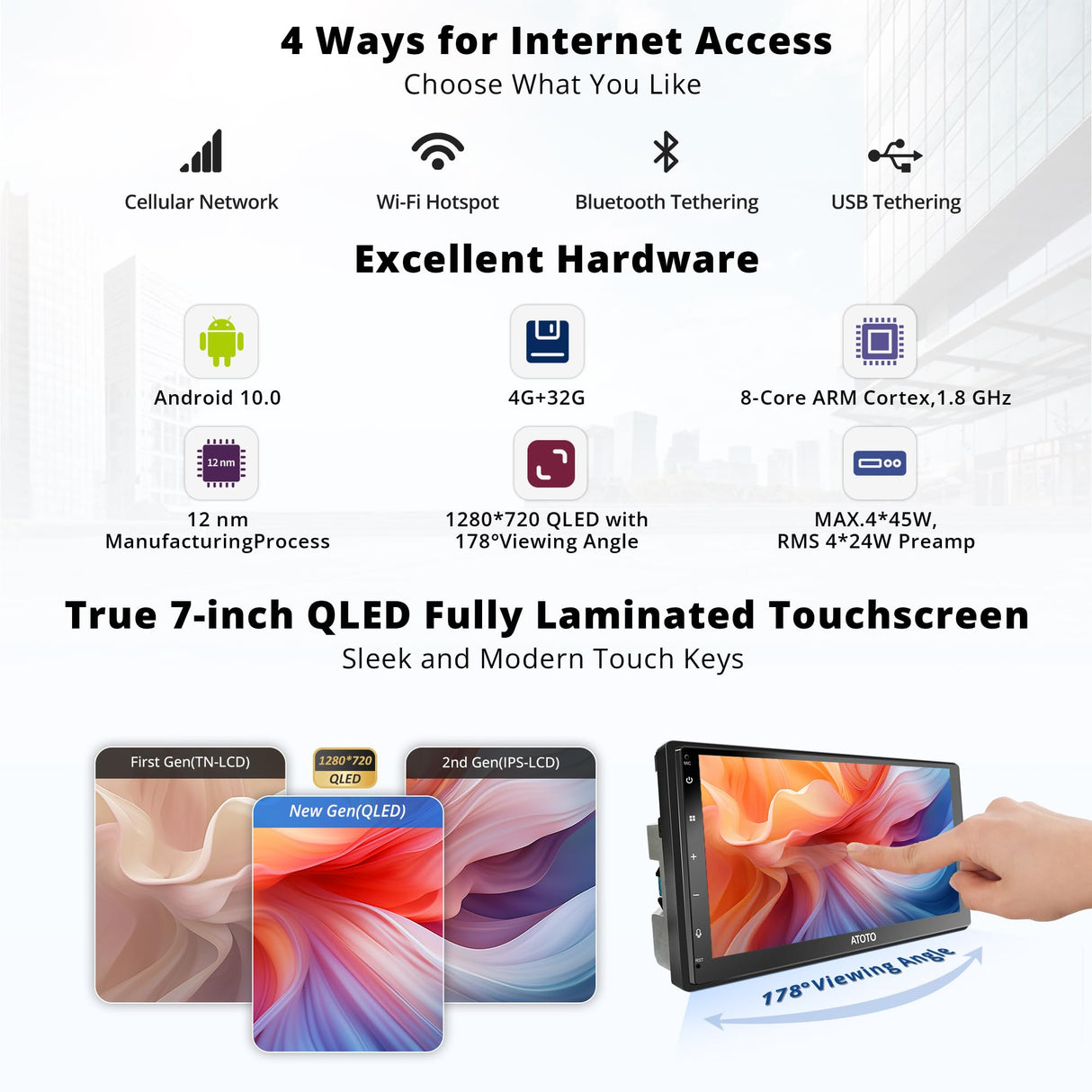 ATOTOEXCEL S8MS 7 Pulgadas Radio 2 DIN Android, 8 núcleos, 4G LTE Integrado, CarPlay&Android Auto inalámbrico,Tethering WiFi/BT/USB, cámara de Marcha atrás, 4G+32G, GPS Navi, DSP, HD LRV