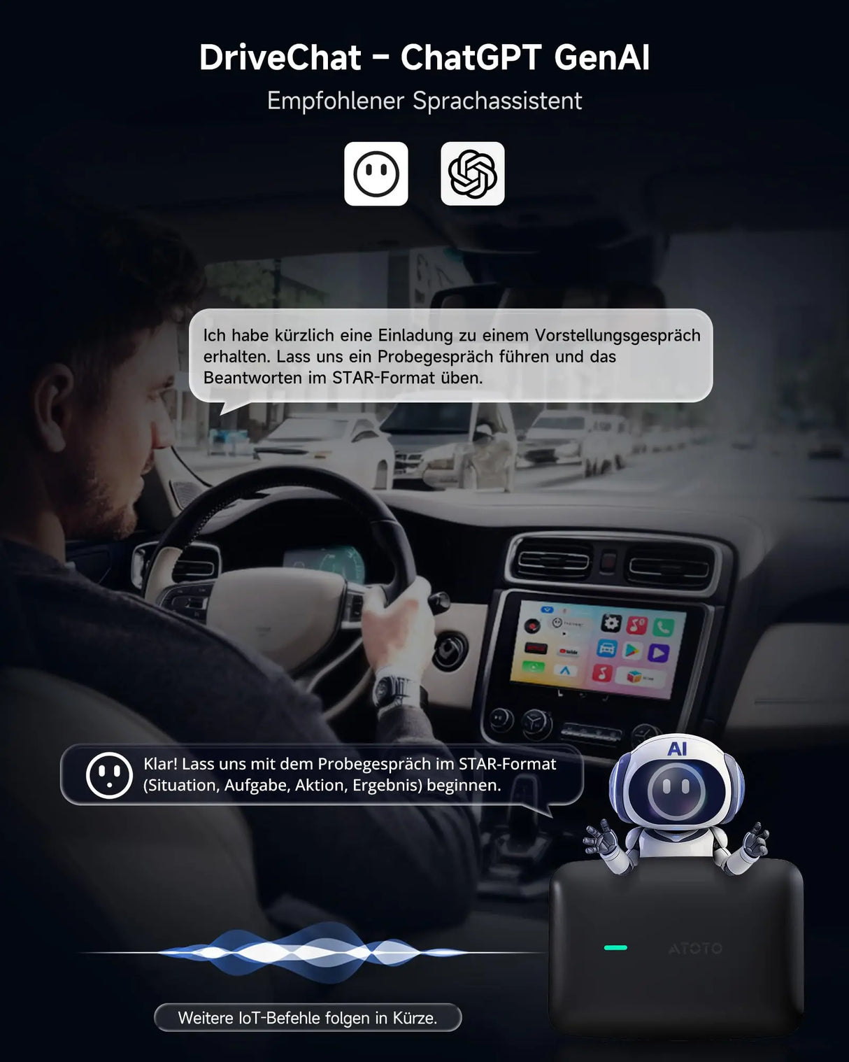 ATOTO CB4B Wireless CarPlay Adapter – Dual WLAN, Dual Bluetooth, 128GB TF-Karte, 4GB+32GB, Plug &amp; Play Android AI Box mit KI-DriveChat, Netflix/YouTube, Schwarz 