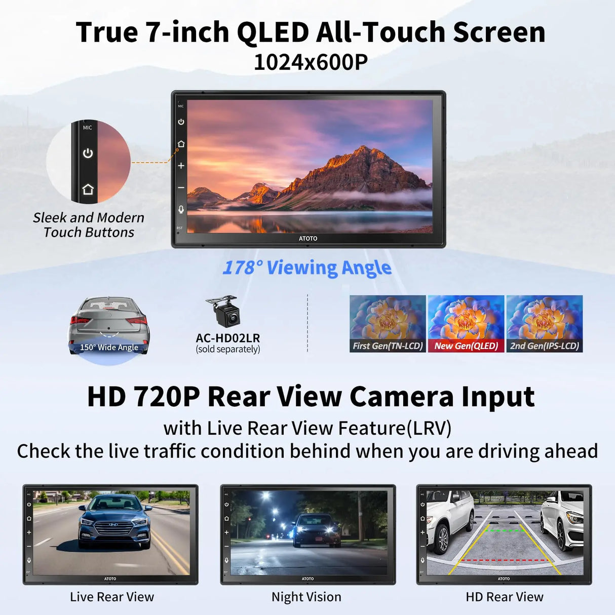 ATOTO A6G2B7PF 7" Autoradio 2 Din – QLED Touchscreen, DAB+ Radio, Bluetooth, 2G+32G, Wireless CarPlay e Android Auto Senza Fili, Tethering WiFi/BT/USB, GPS, Mirror Link, 36EQ DSP