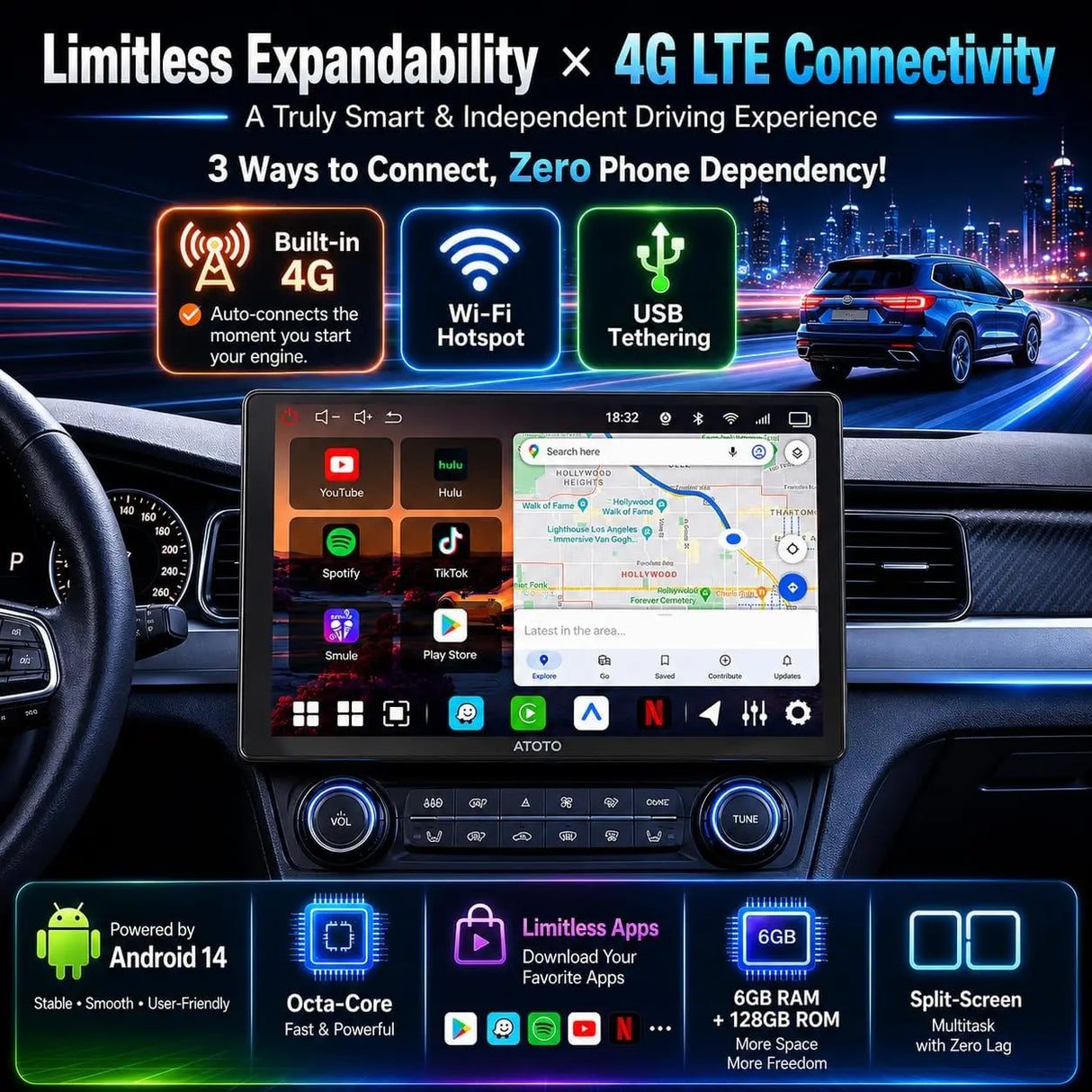 ATOTO V10G211OC 10" QLED Android 14 Double Din Car Stereo, 8-Core 6G+128G, Wireless CarPlay & Android Auto, 4G LTE/Wi-Fi, in-Car Karaoke, 7.1.2 CH Pro DSP Audio, aptX HD Bluetooth, AI & GPS Tracking