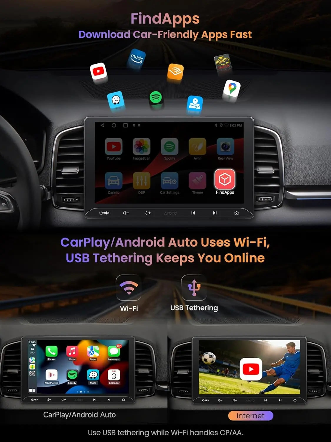 ATOTO A5LG211T 10.1" 2 Din Android Autoradio Bluetooth, Wireless CarPlay & Android Auto, OBD Scanner, 24-Band EQ, WiFi/BT/USB Tethering, 2G+32G, GPS Tracker, MirrorLink