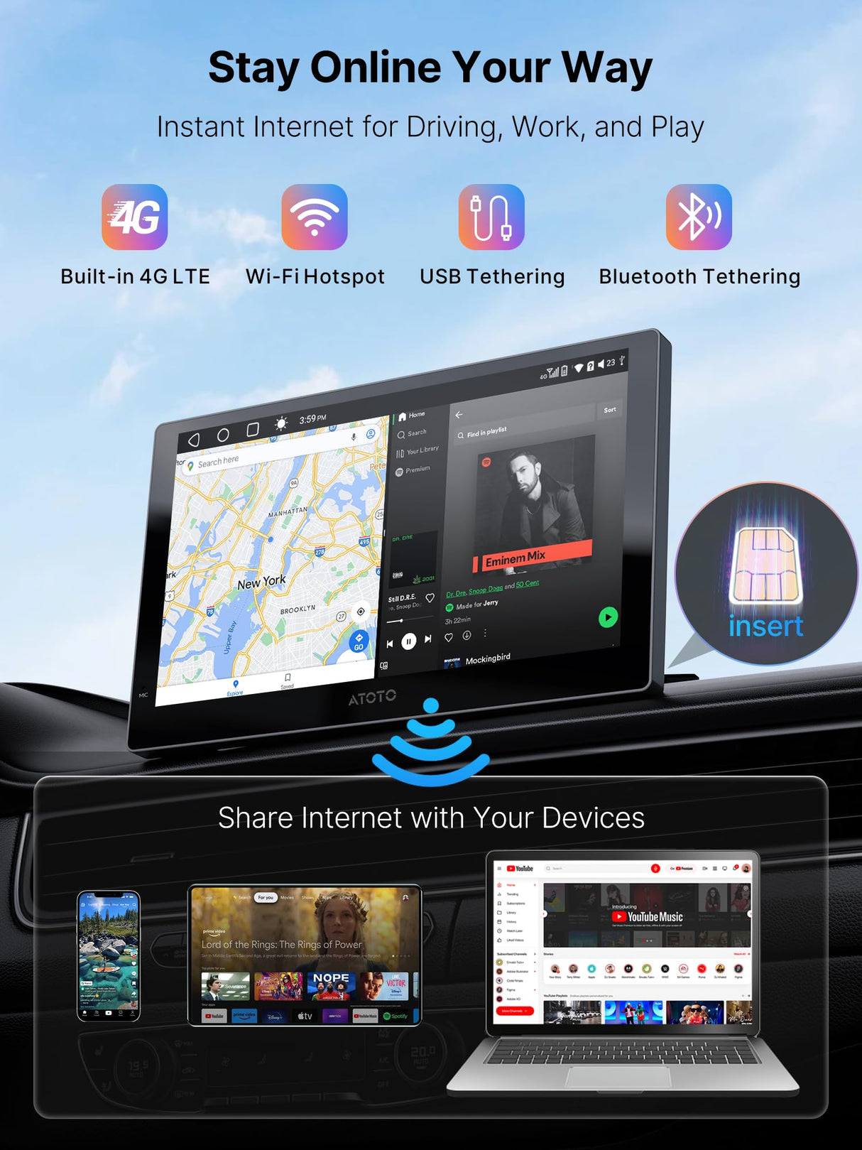 P9 Pro Smart Driving Display, 9"QLED Portable Car Display with Wireless CarPlay & Android Auto, Full Android-Powered Head Unit, 4G LTE, Dual-Bluetooth, AI Voice, Dash-Cam DVR & AHD Rear Cam Ready