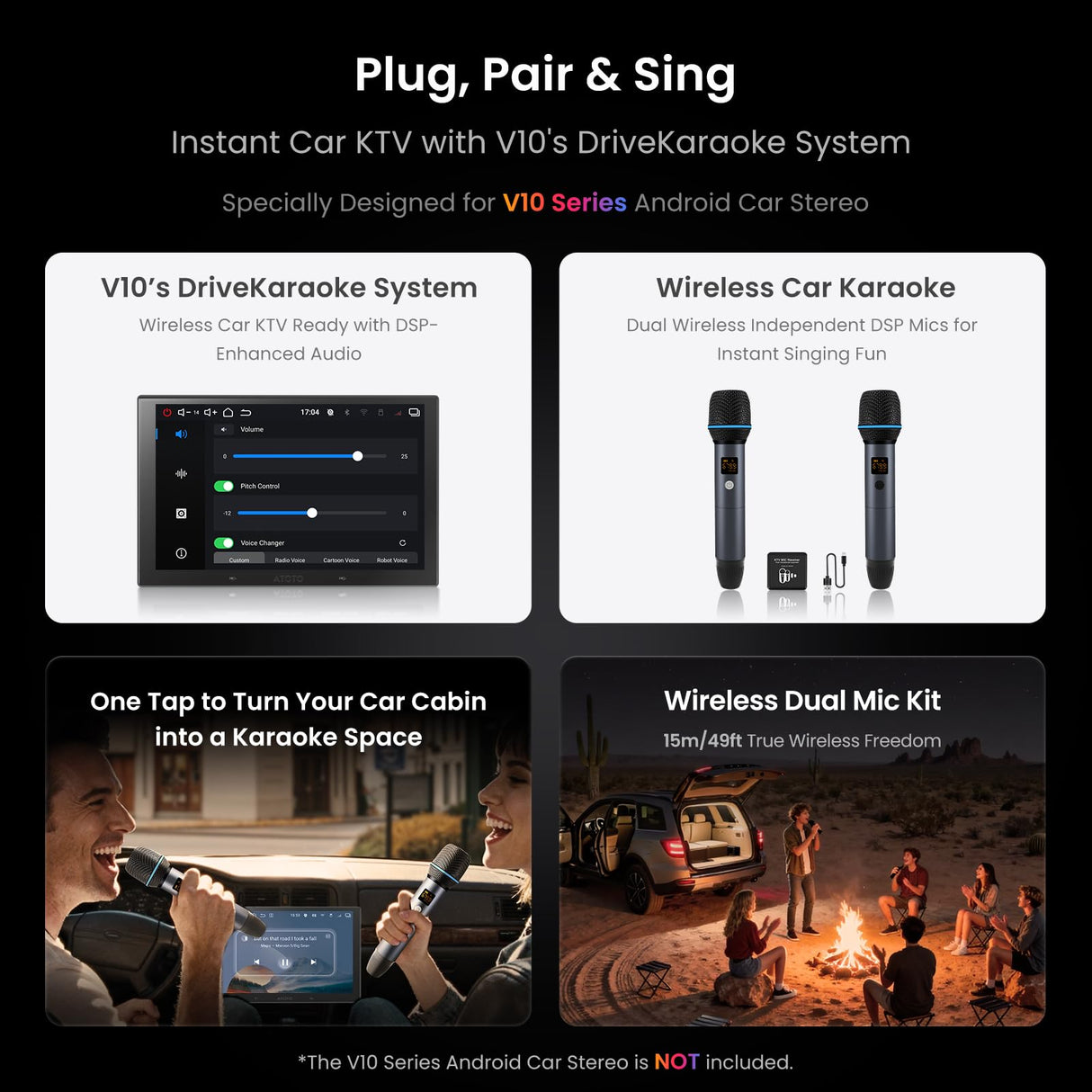 ATOTO AC-MICW2 Wireless Karaoke Microphone Kit – Dual Handheld Rechargeable Mics with Receiver, Low Latency, 49ft Range, 6H Playtime, Compatible with V10 Car Stereo