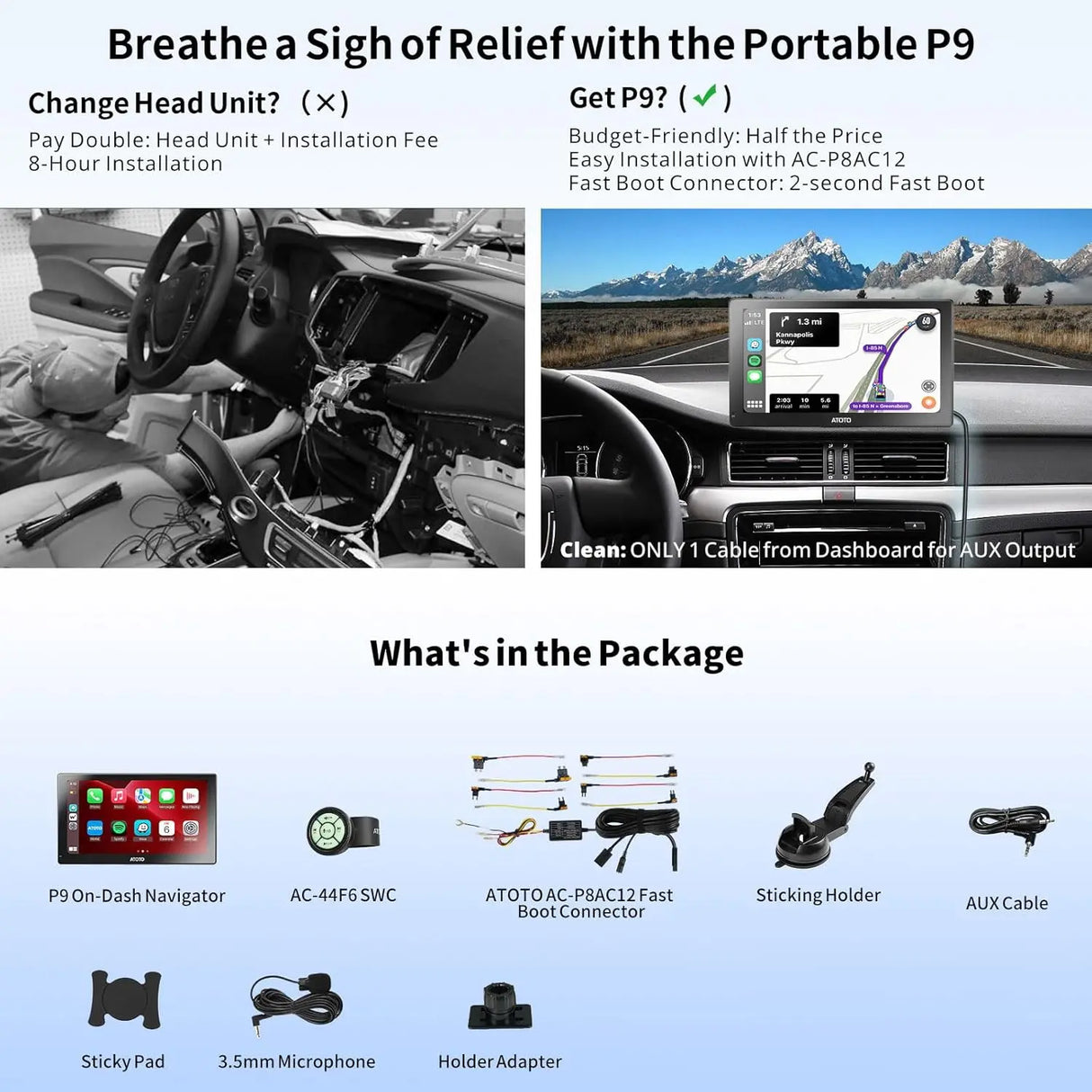 ATOTO 9" Sat Nav, QLED Touchscreen, Wireless CarPlay & Android Auto, 4+32G, 4G LTE, GPS Navigation, WiFi, Dual Bluetooth, Auto-Dimmer, Steering Wheel Control, AUX, USB & Microphone