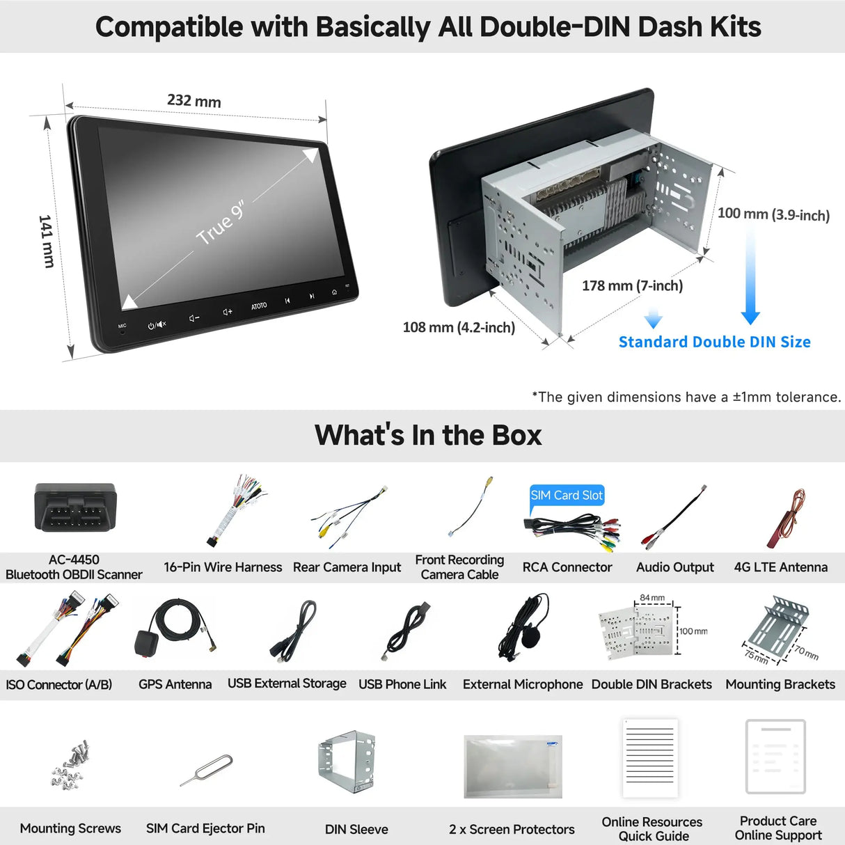 ATOTO S8G2094MS 9" 2 Din Android Car Stereo with OBD Scanner, Wireless CarPlay & Android Auto, QLED Touchscreen, 4G LTE, 8-Core 4G+32G, WiFi/BT/USB Tethering