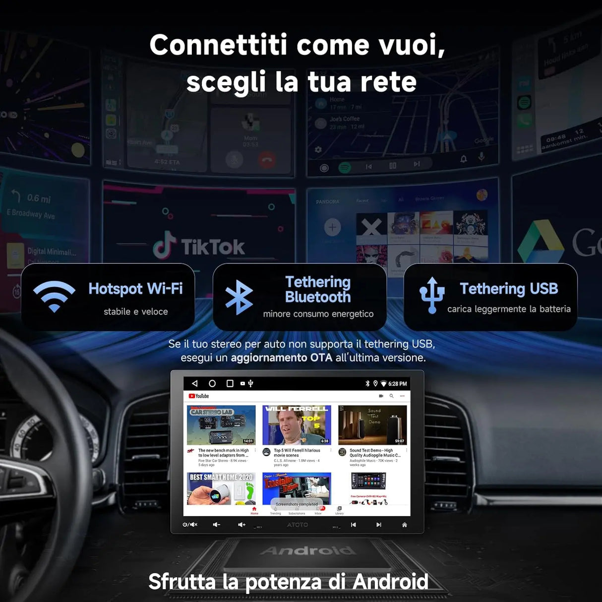 ATOTO A5LG110T 10" Autoradio 1 DIN/2 DIN Android con schermo flottante, telecamera posteriore, CarPlay e Android Auto senza fili, tethering WiFi/BT/USB, MirrorLink, DSP, FM/RDS, 2G+32G