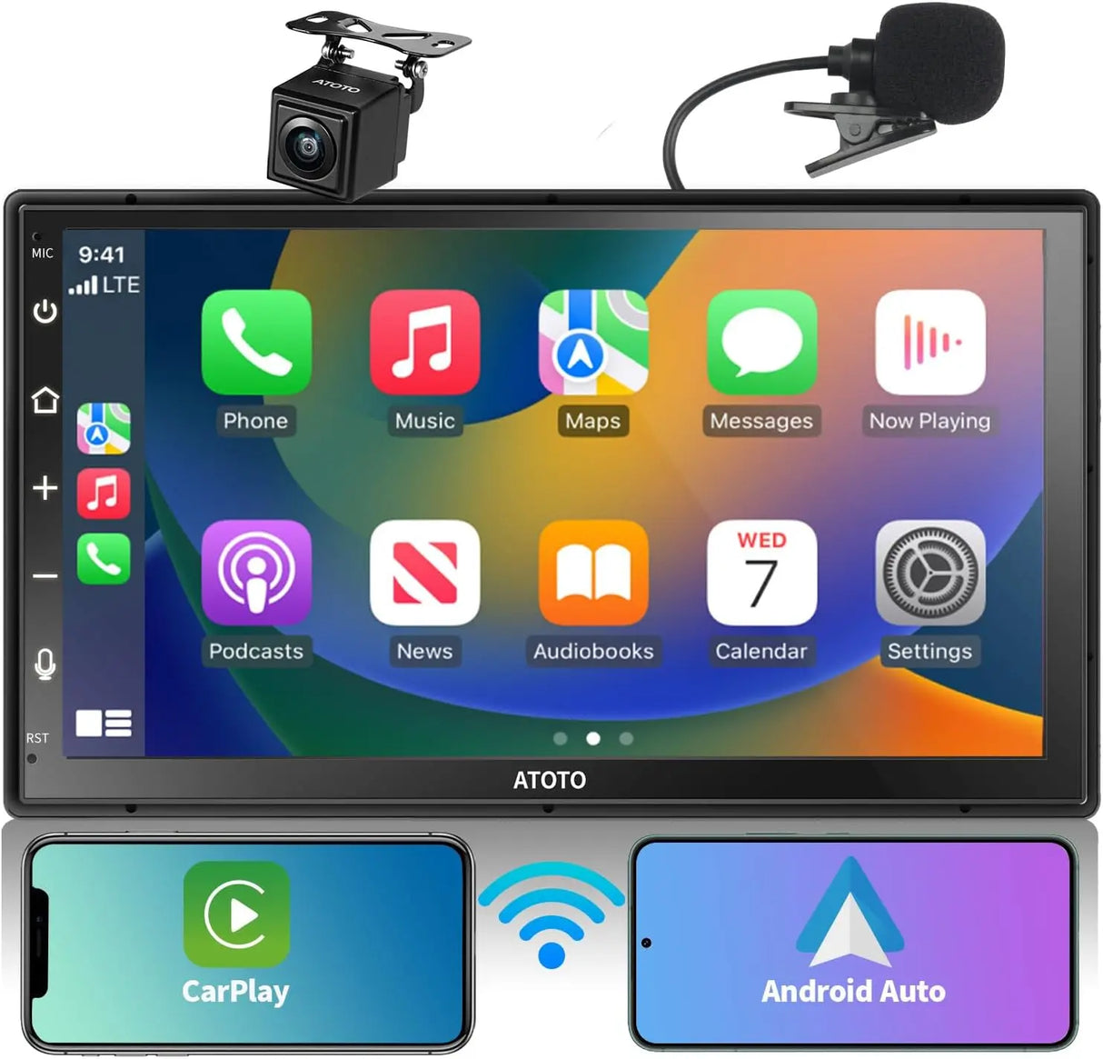 ATOTO F7G2B7WE 7" Double Din Car Stereo, HD LRV Camera, Full Touchscreen, Wireless CarPlay and Android Auto, Bluetooth 5.3, GPS, FM/AM/AUX, 4.1 Channel Audio Out, Screen Mirroring