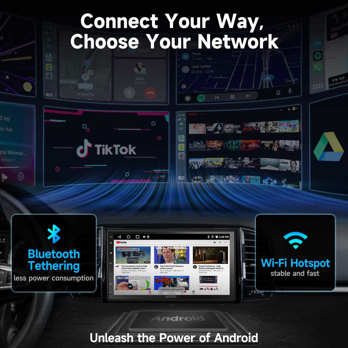 ATOTOZONE A5L Autoradio Android 2 Din 7", Unità principale con CarPlay e Android Auto senza fili, Ricevitore audio per auto con touchscreen, 2+32G, MirrorLink, EQ-24 bande, Tethering de WiFi/BT, FM/AM